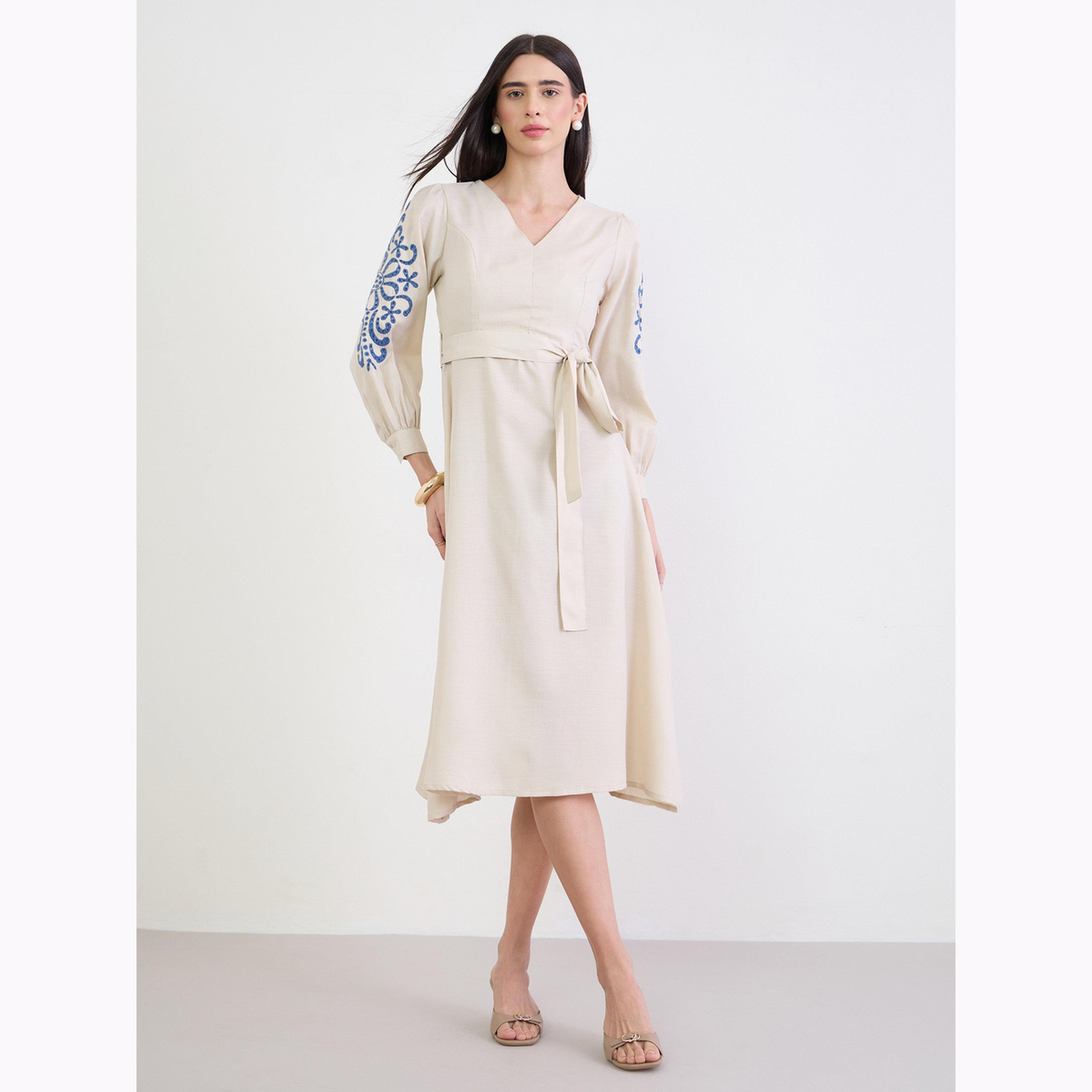 Styli Cream Embroidered Sleeves A-Line Midi Dress-women-clothing-dresses-image-1