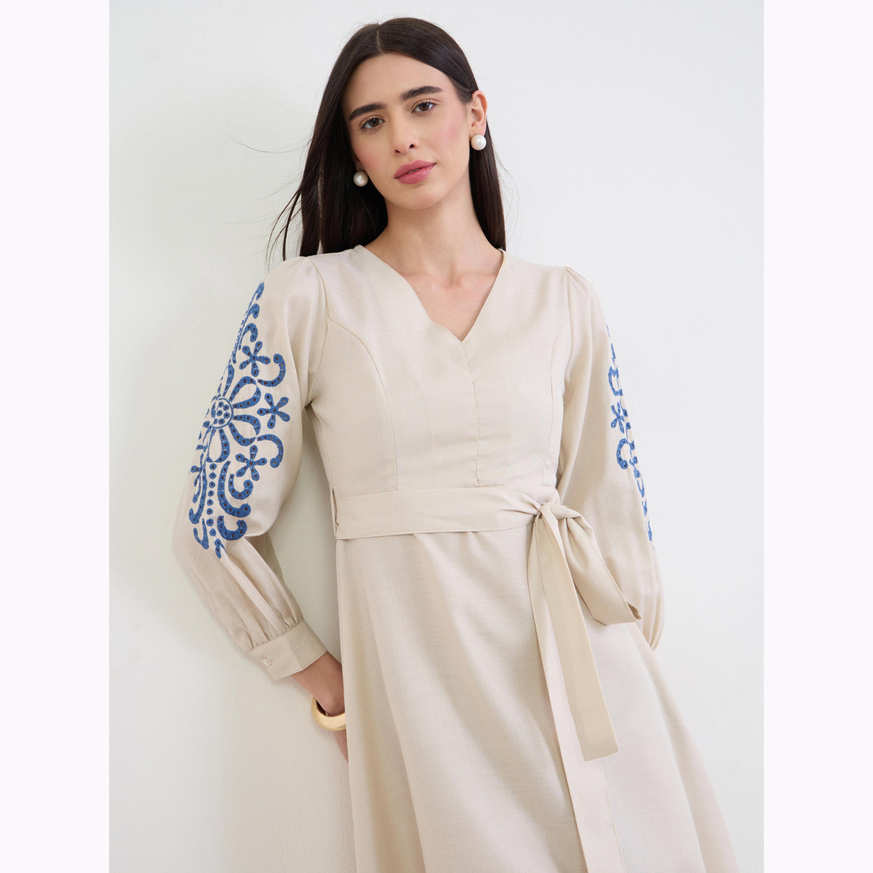 Styli Cream Embroidered Sleeves A-Line Midi Dress-women-clothing-dresses-image-2