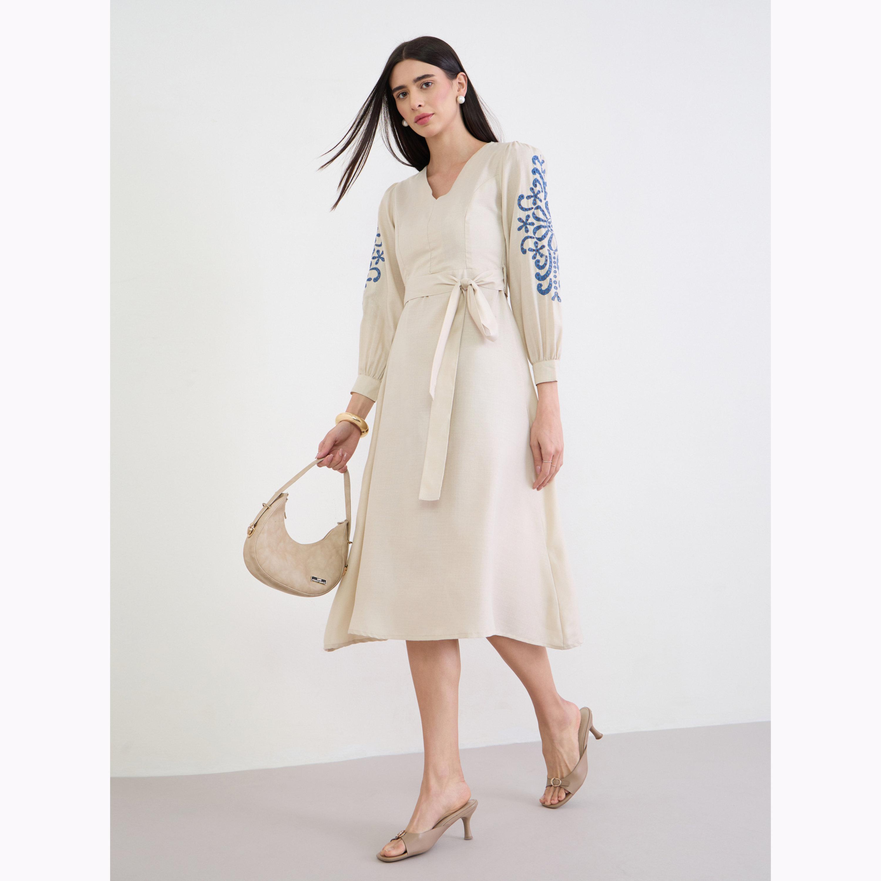 Styli Cream Embroidered Sleeves A-Line Midi Dress-women-clothing-dresses-image-3