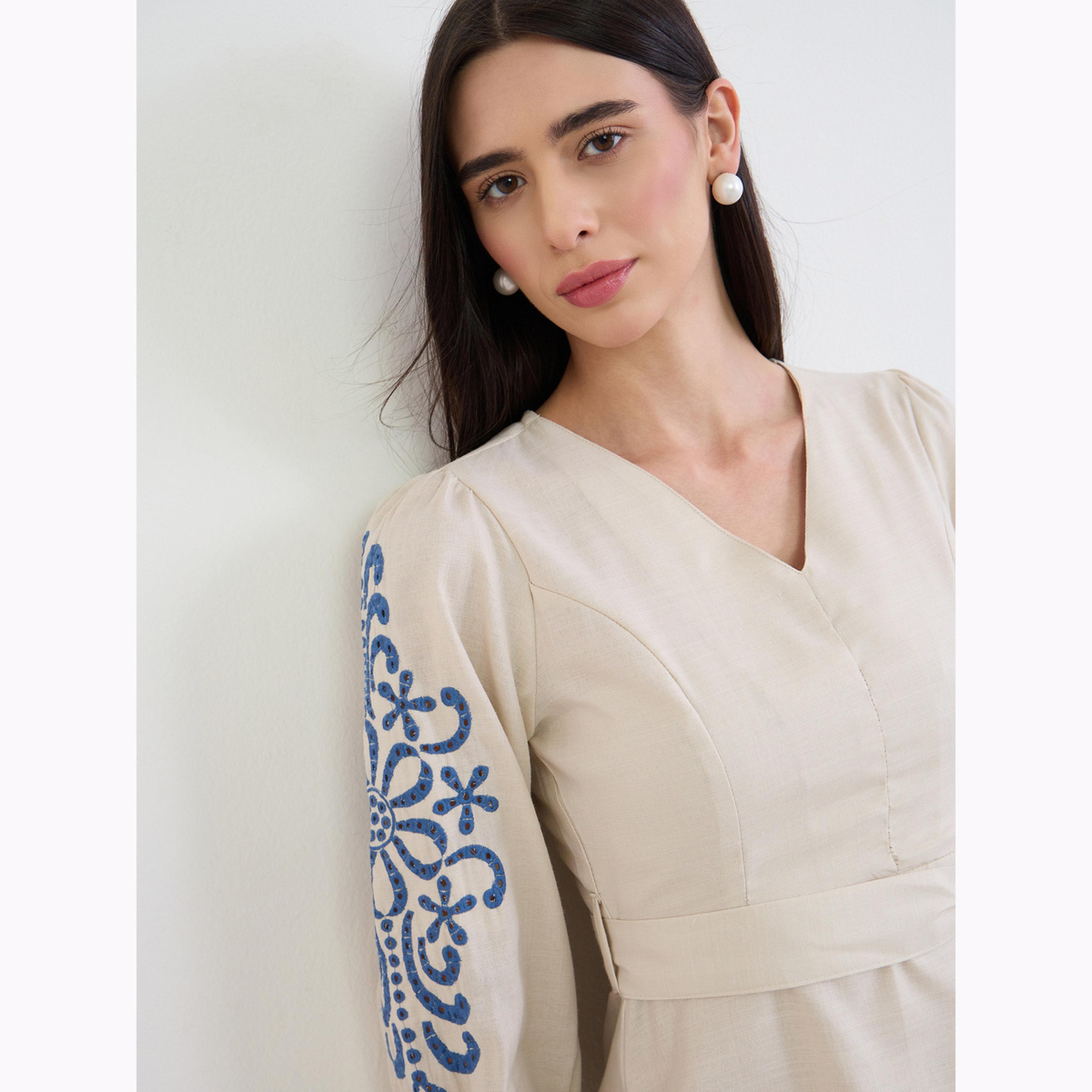 Styli Cream Embroidered Sleeves A-Line Midi Dress-women-clothing-dresses-image-5