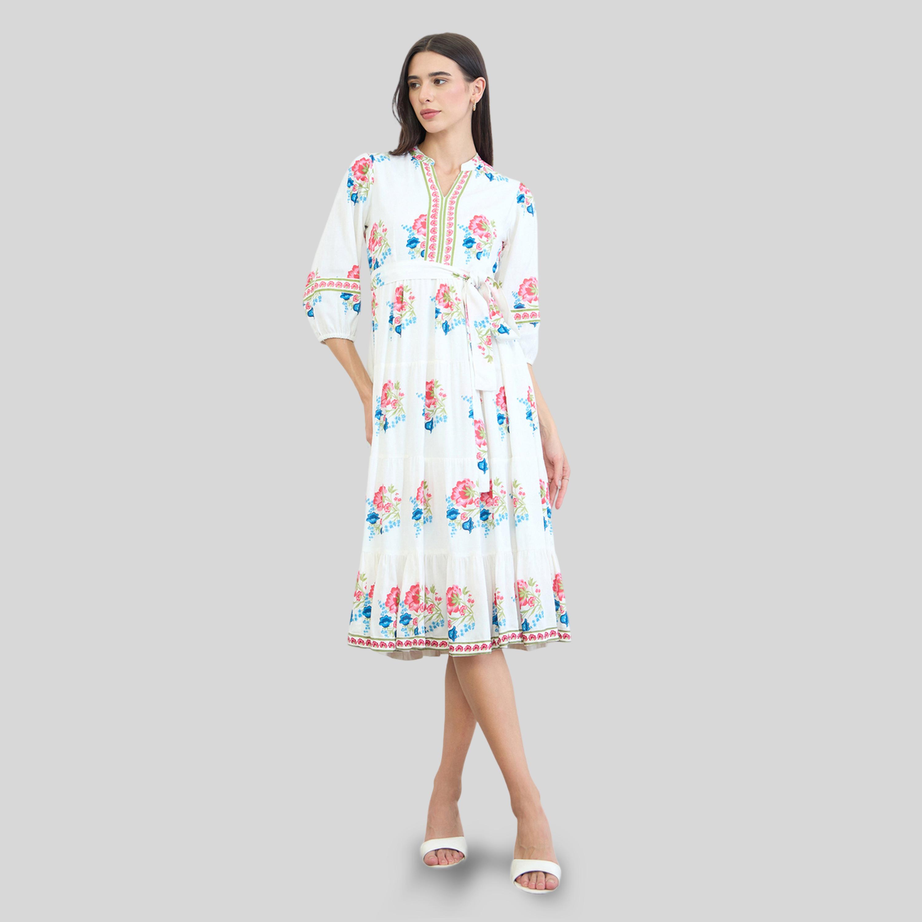 فستان ميدي مطبع بزهور وكسرات مع أربطة-women-clothing-dresses-image-1