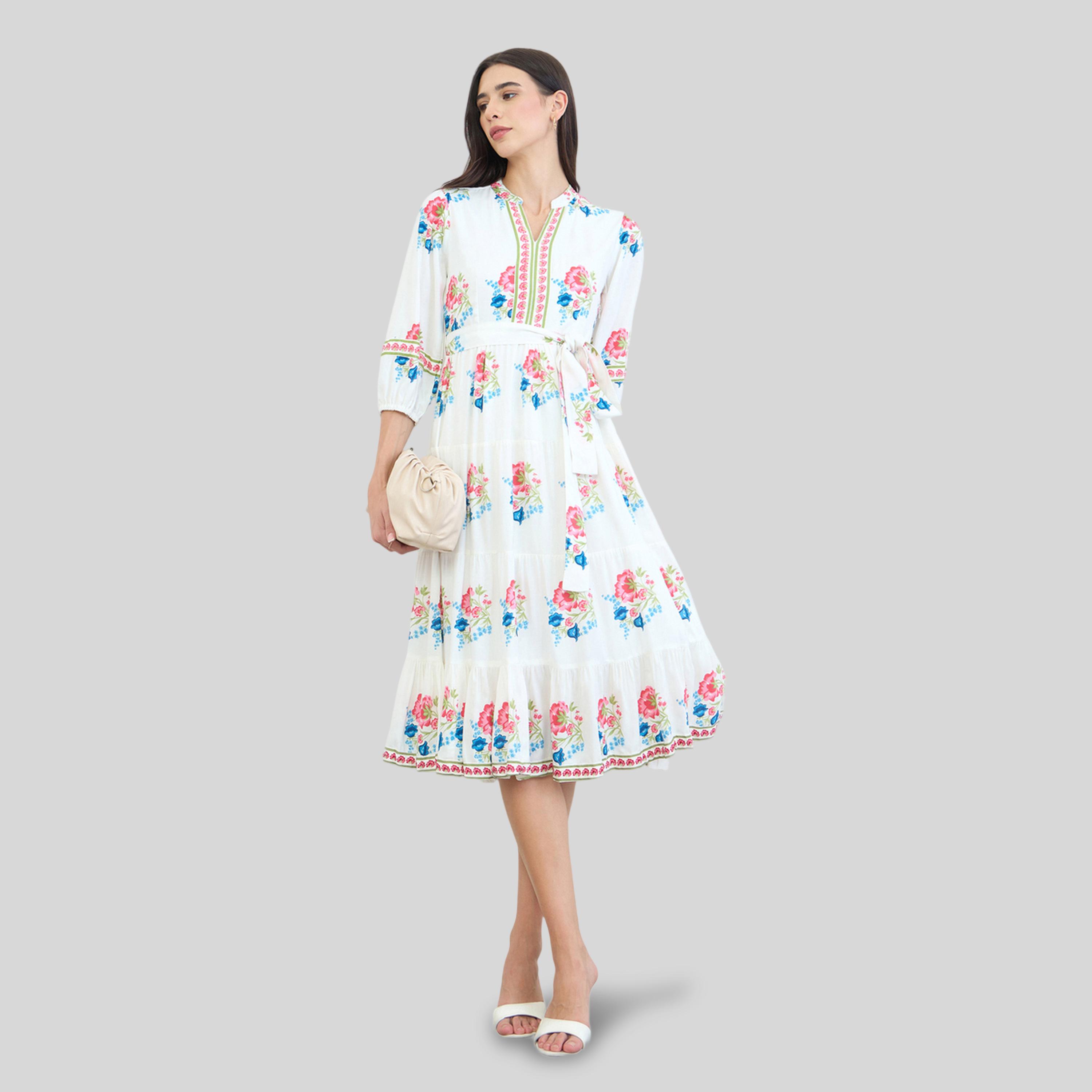 فستان ميدي مطبع بزهور وكسرات مع أربطة-women-clothing-dresses-image-2