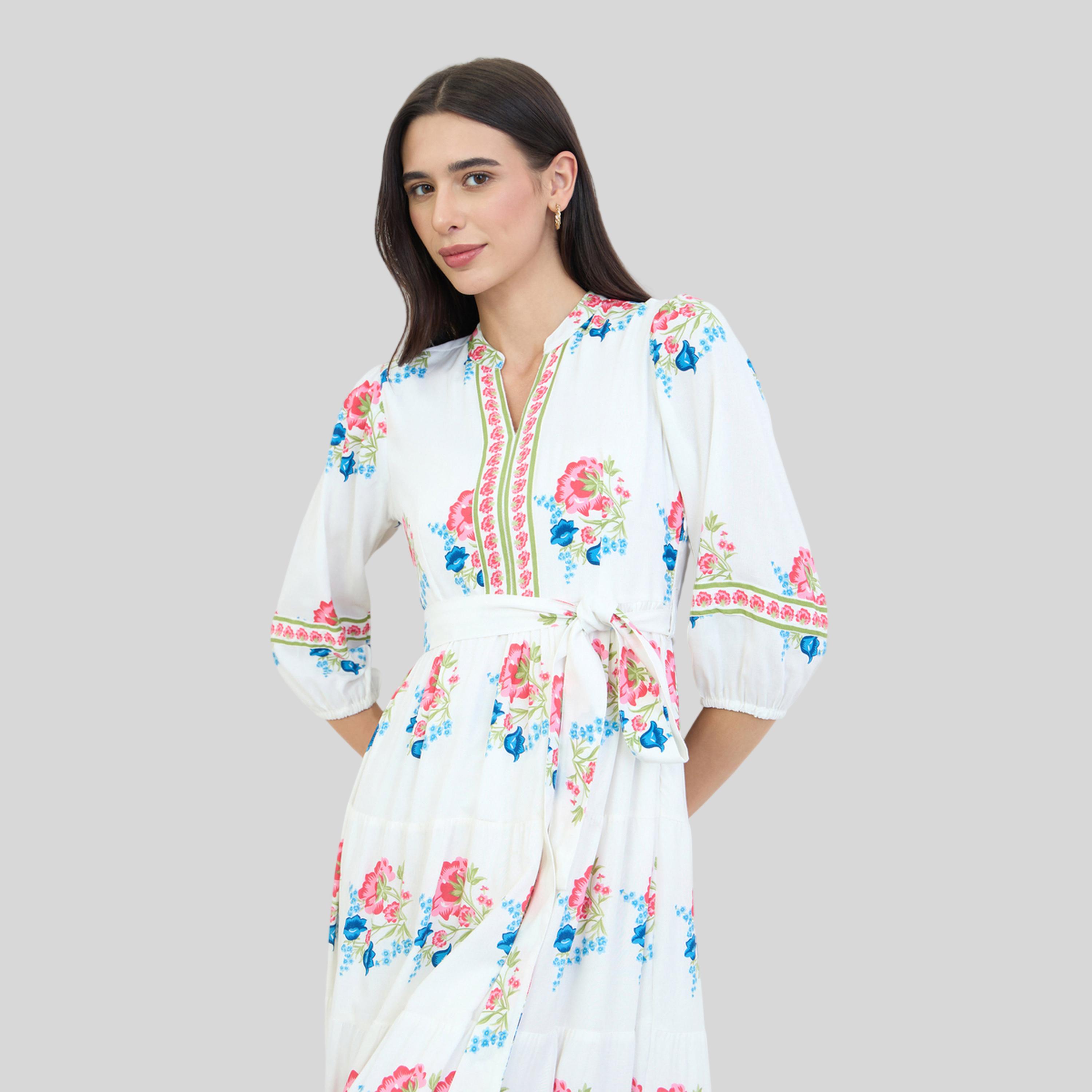 فستان ميدي مطبع بزهور وكسرات مع أربطة-women-clothing-dresses-image-3