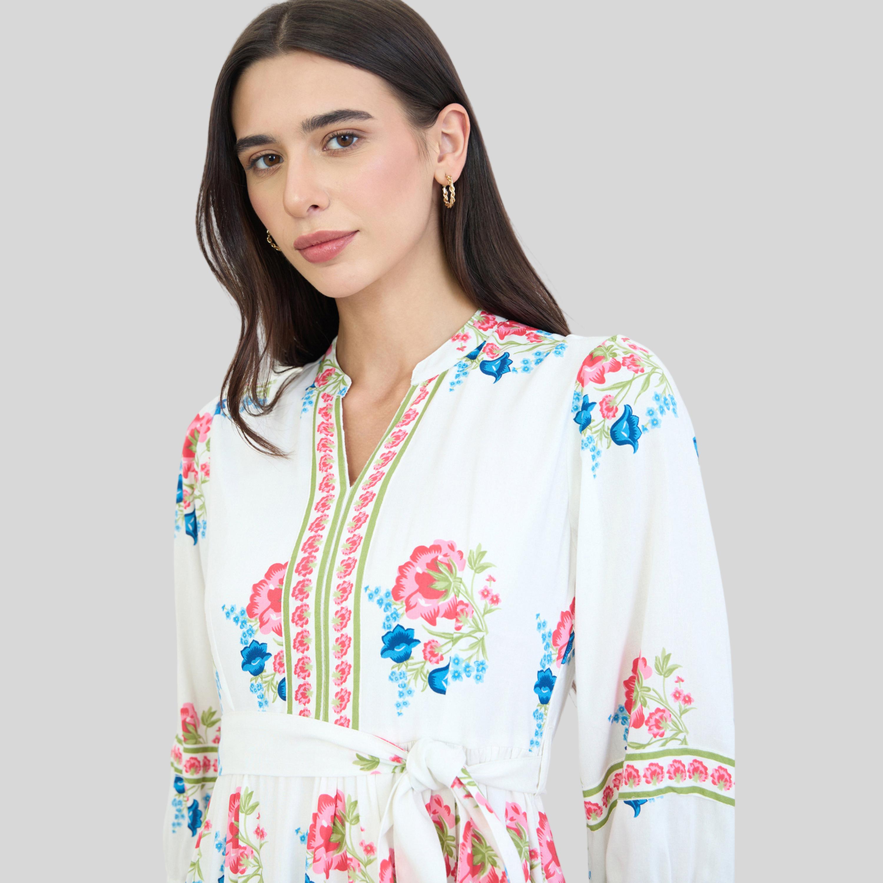 فستان ميدي مطبع بزهور وكسرات مع أربطة-women-clothing-dresses-image-5