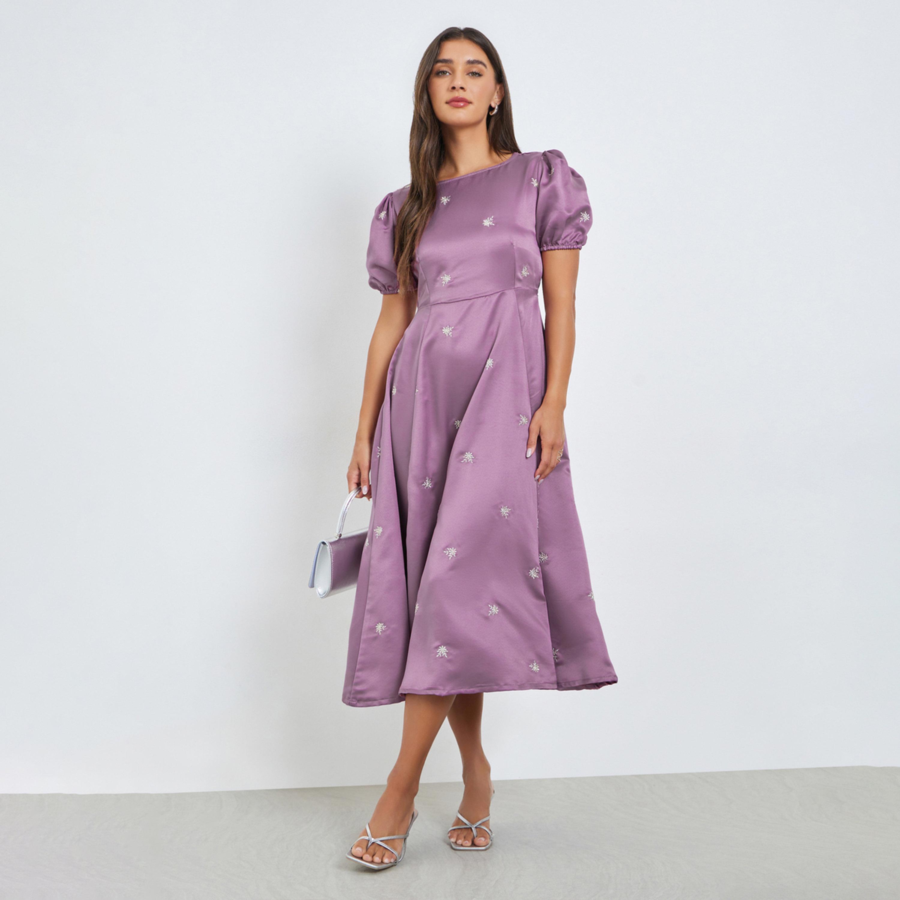 Styli Purple Embroidered Satin Midi Dress-women-clothing-dresses-image-1