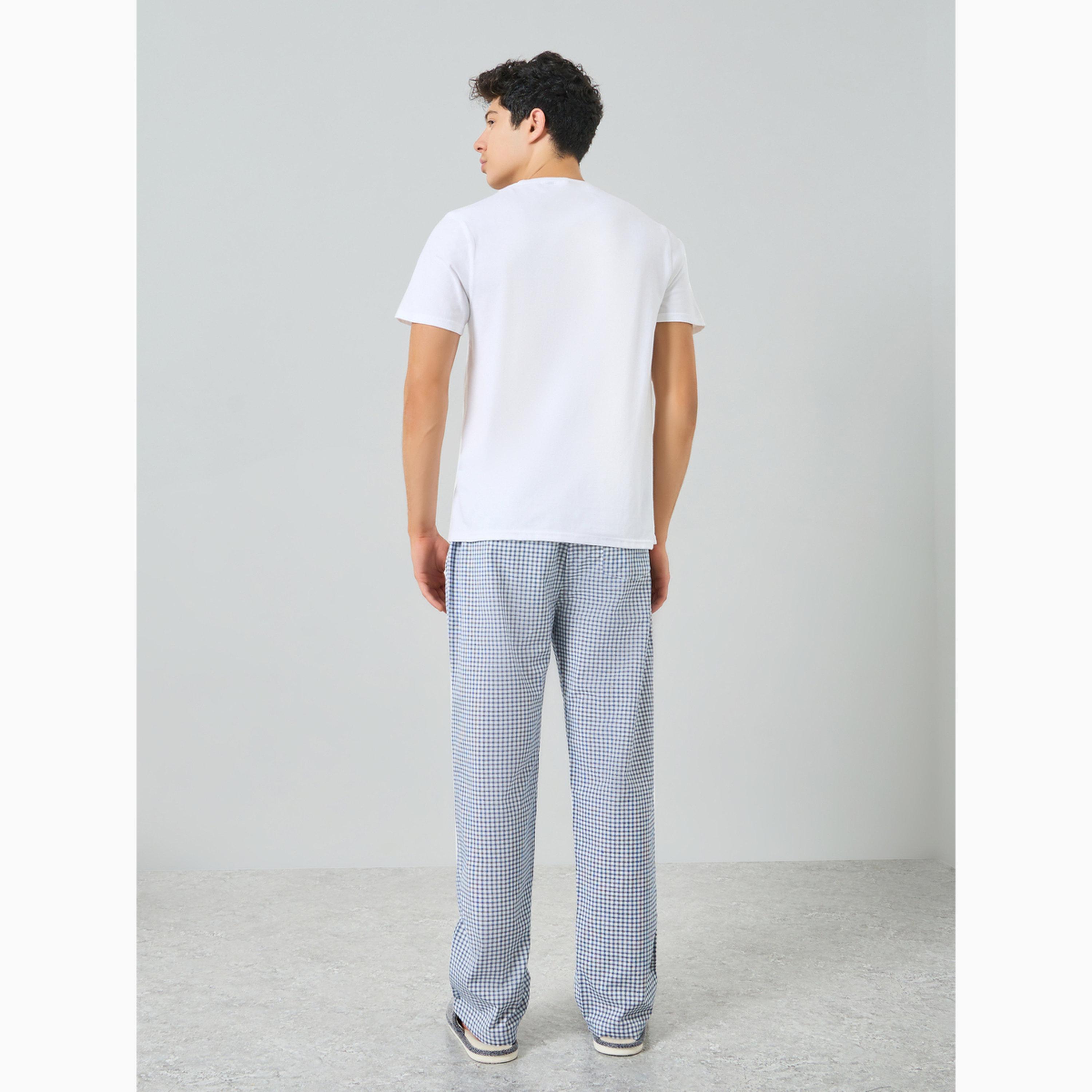 Styli Men Solid Relaxed T-Shirt and Checked Pyjama Set-men-clothing-nightwear-sets-image-3
