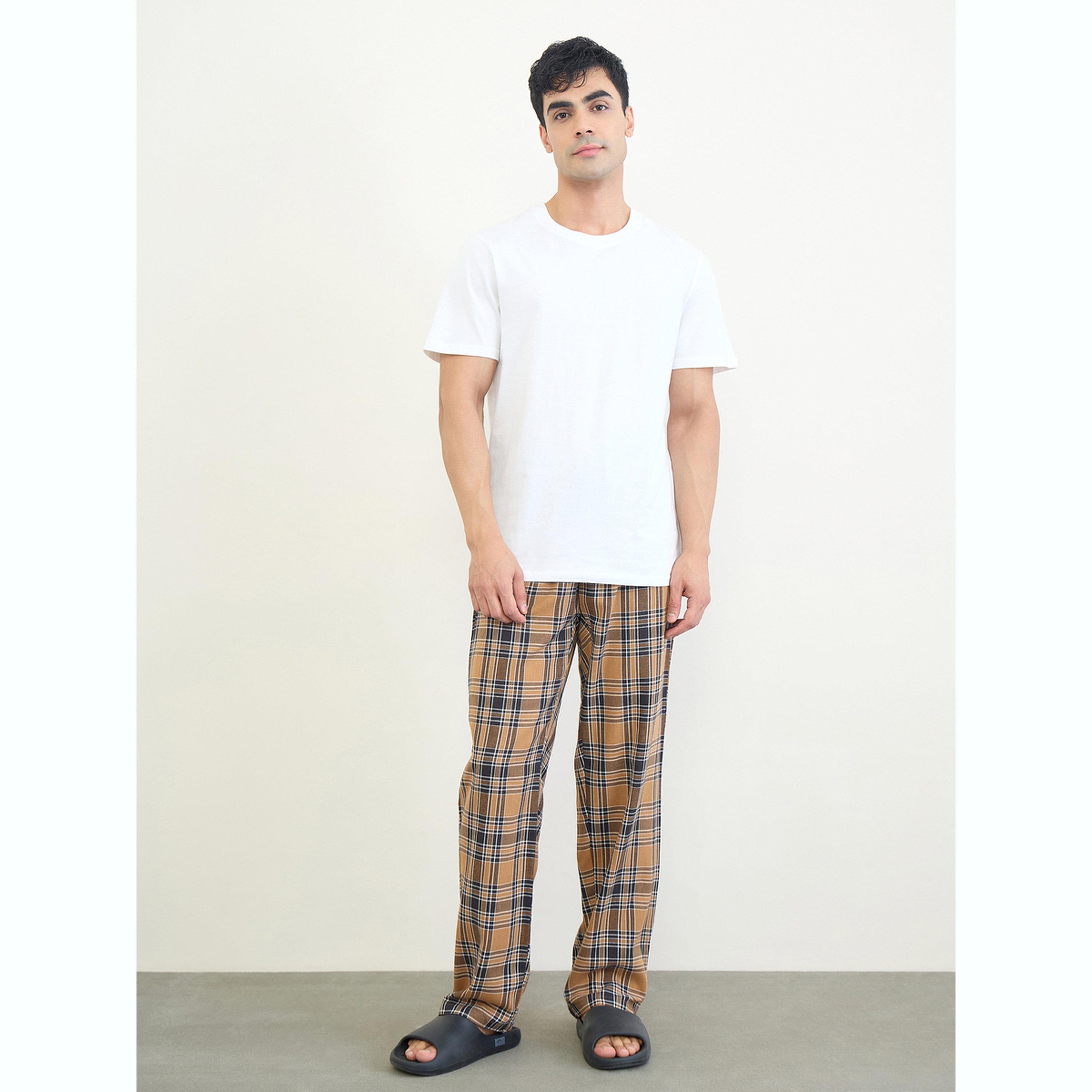 Styli Men Solid Relaxed T-Shirt and Checked Pyjama Set-men-clothing-nightwear-sets-image-1