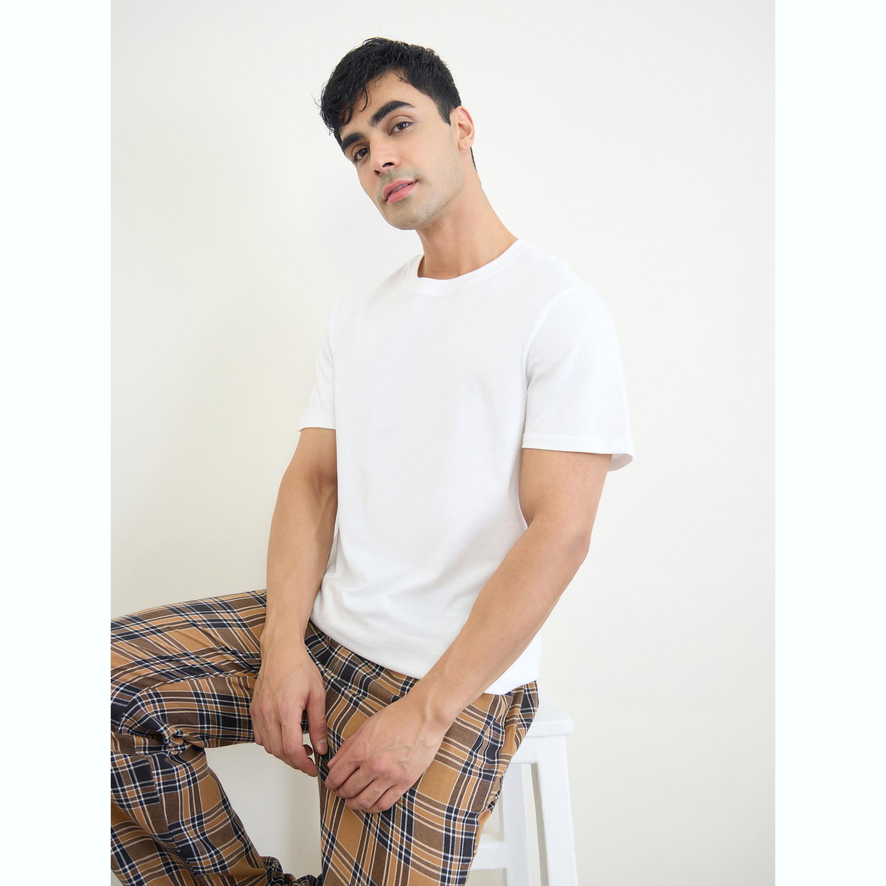 Styli Men Solid Relaxed T-Shirt and Checked Pyjama Set-men-clothing-nightwear-sets-image-3