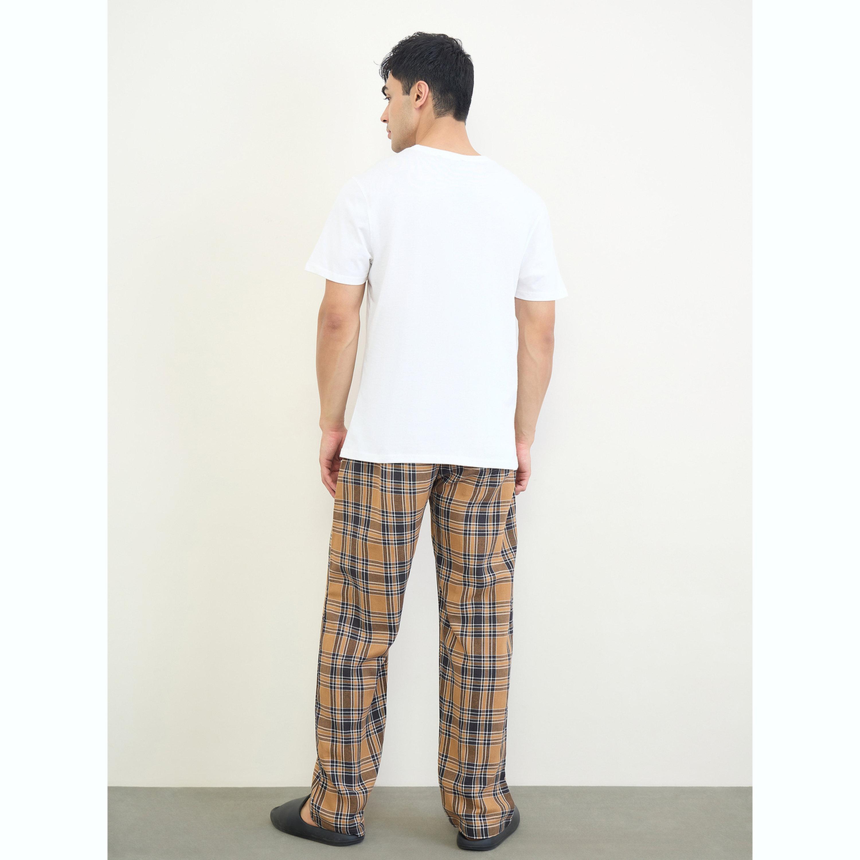 Styli Men Solid Relaxed T-Shirt and Checked Pyjama Set-men-clothing-nightwear-sets-image-4