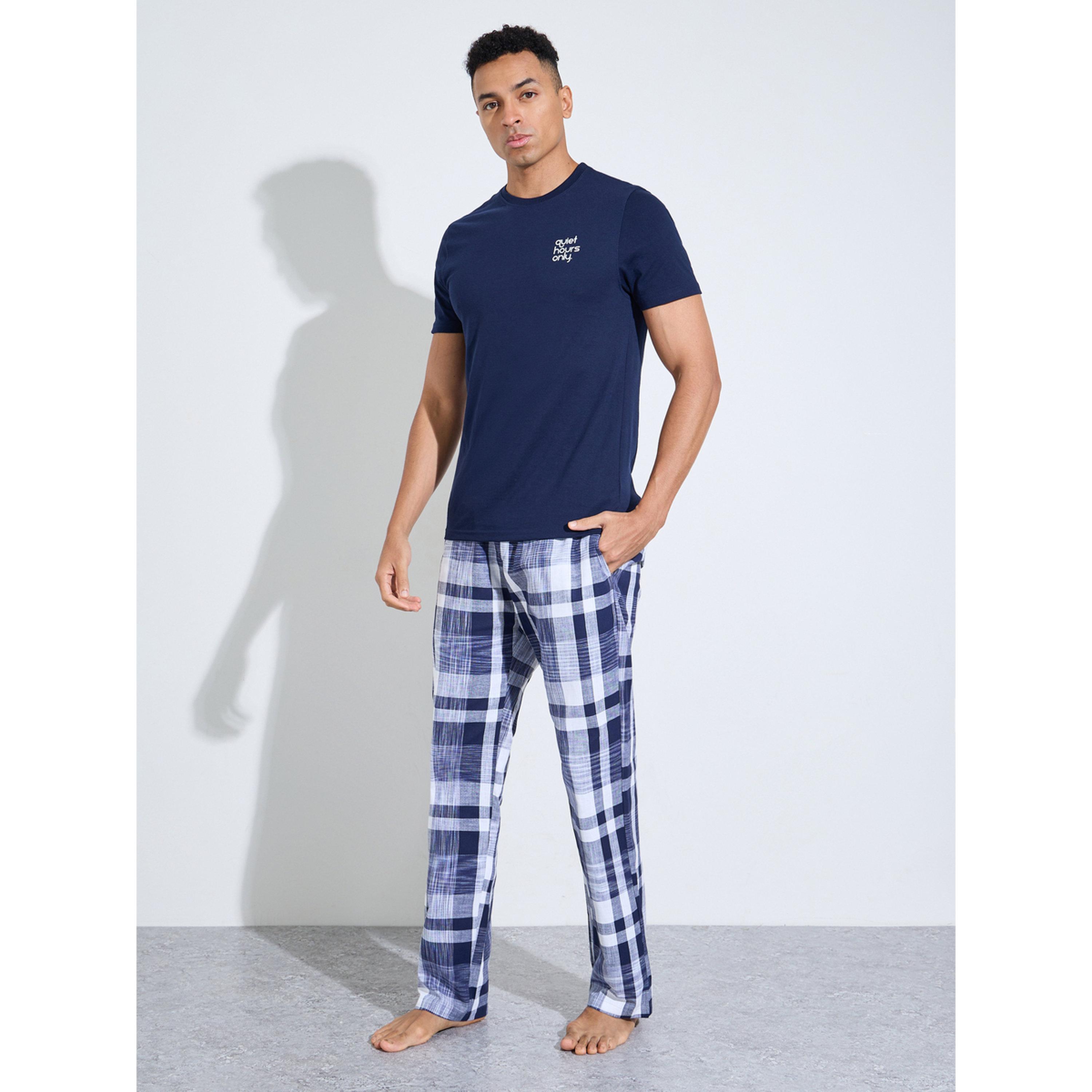 Styli Navy Blue Printed T-Shirt and Checked Straight Leg Pants Pyjama Set-men-clothing-nightwear-sets-image-1