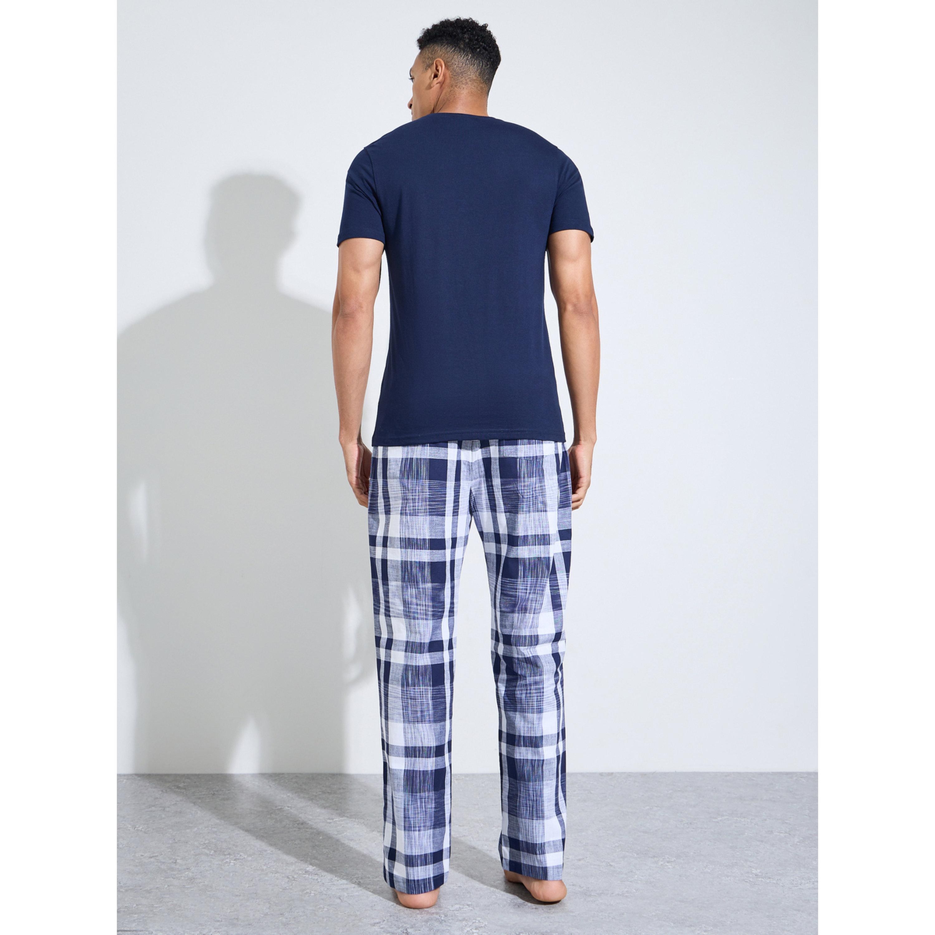 Styli Navy Blue Printed T-Shirt and Checked Straight Leg Pants Pyjama Set-men-clothing-nightwear-sets-image-2