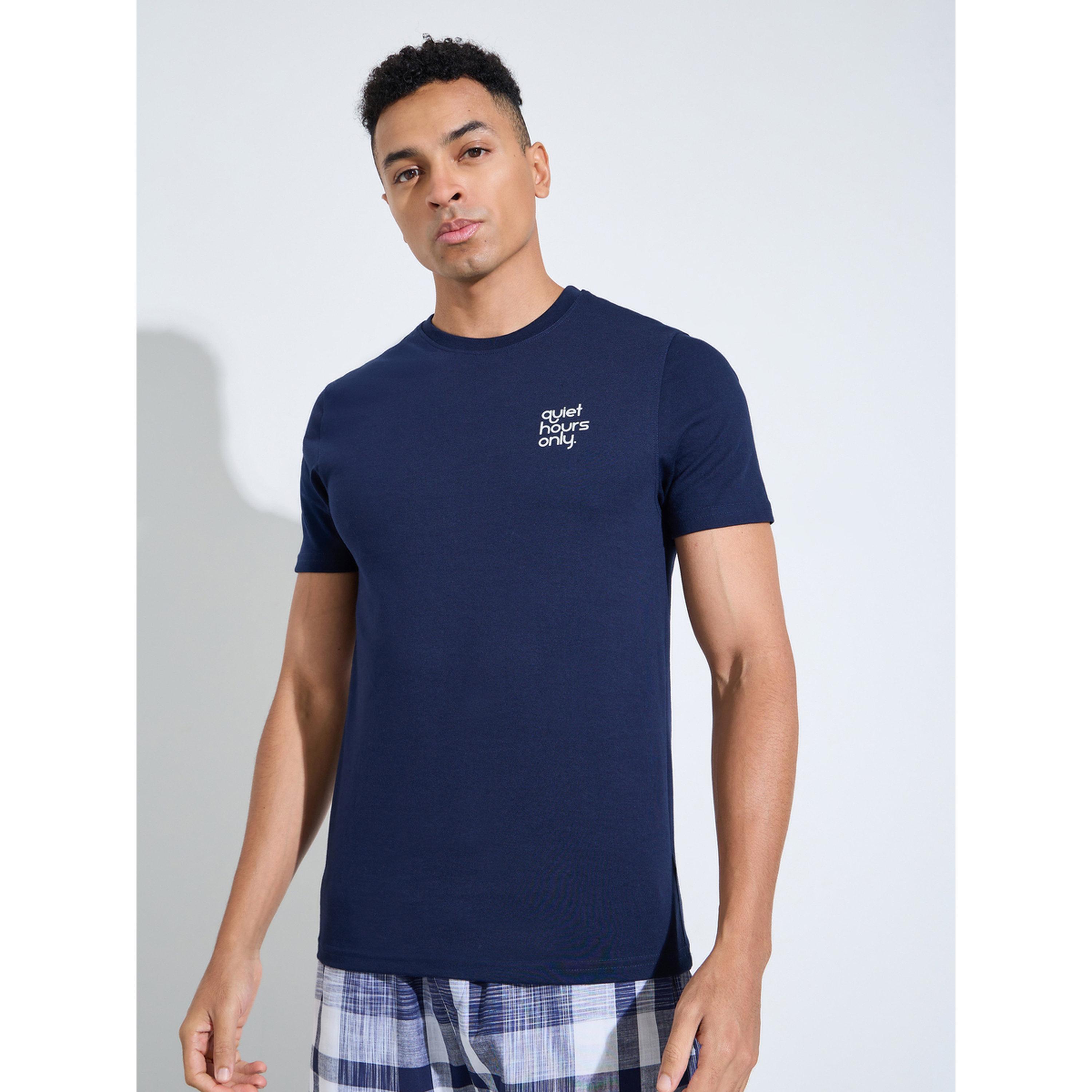 Styli Navy Blue Printed T-Shirt and Checked Straight Leg Pants Pyjama Set-men-clothing-nightwear-sets-image-3