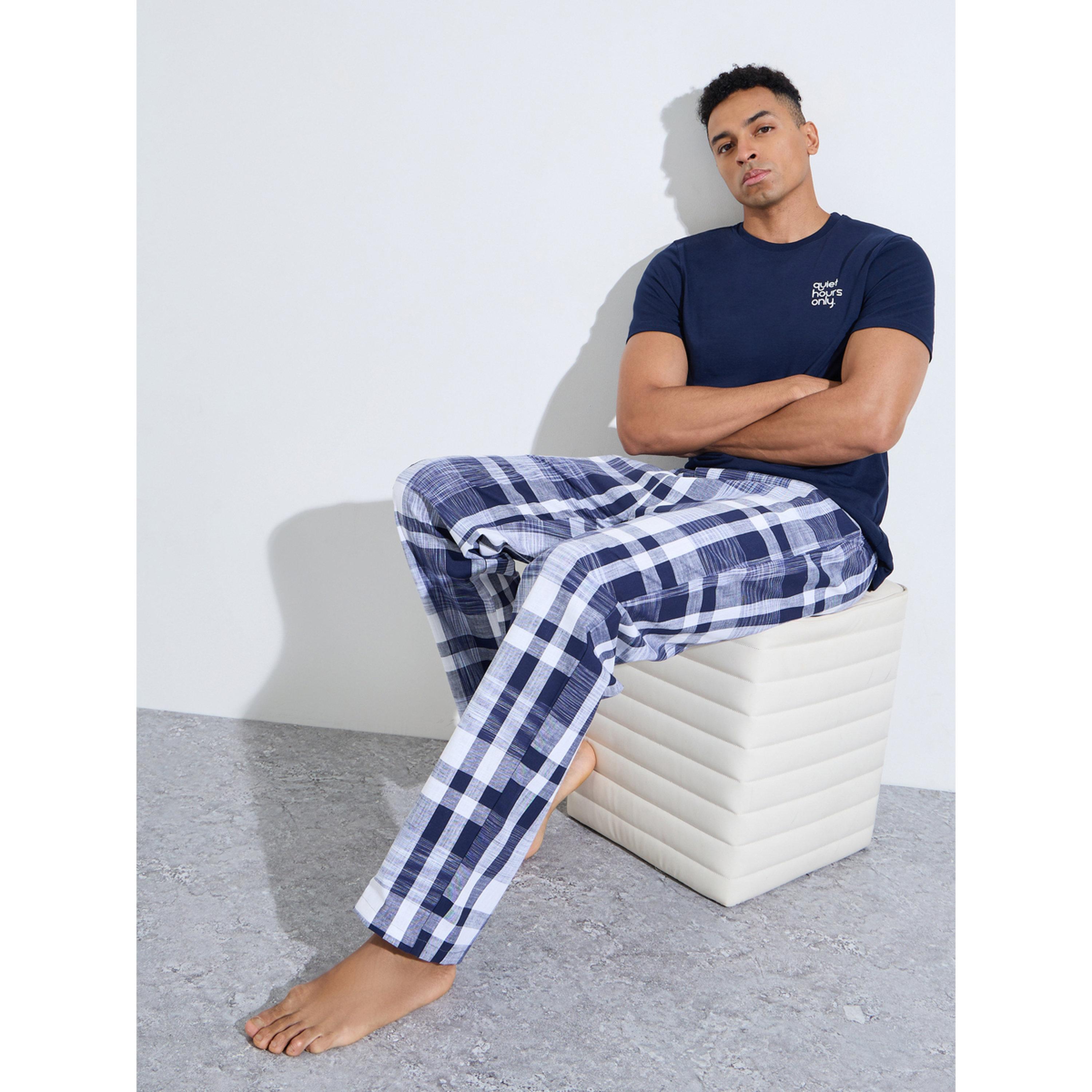 Styli Navy Blue Printed T-Shirt and Checked Straight Leg Pants Pyjama Set-men-clothing-nightwear-sets-image-4