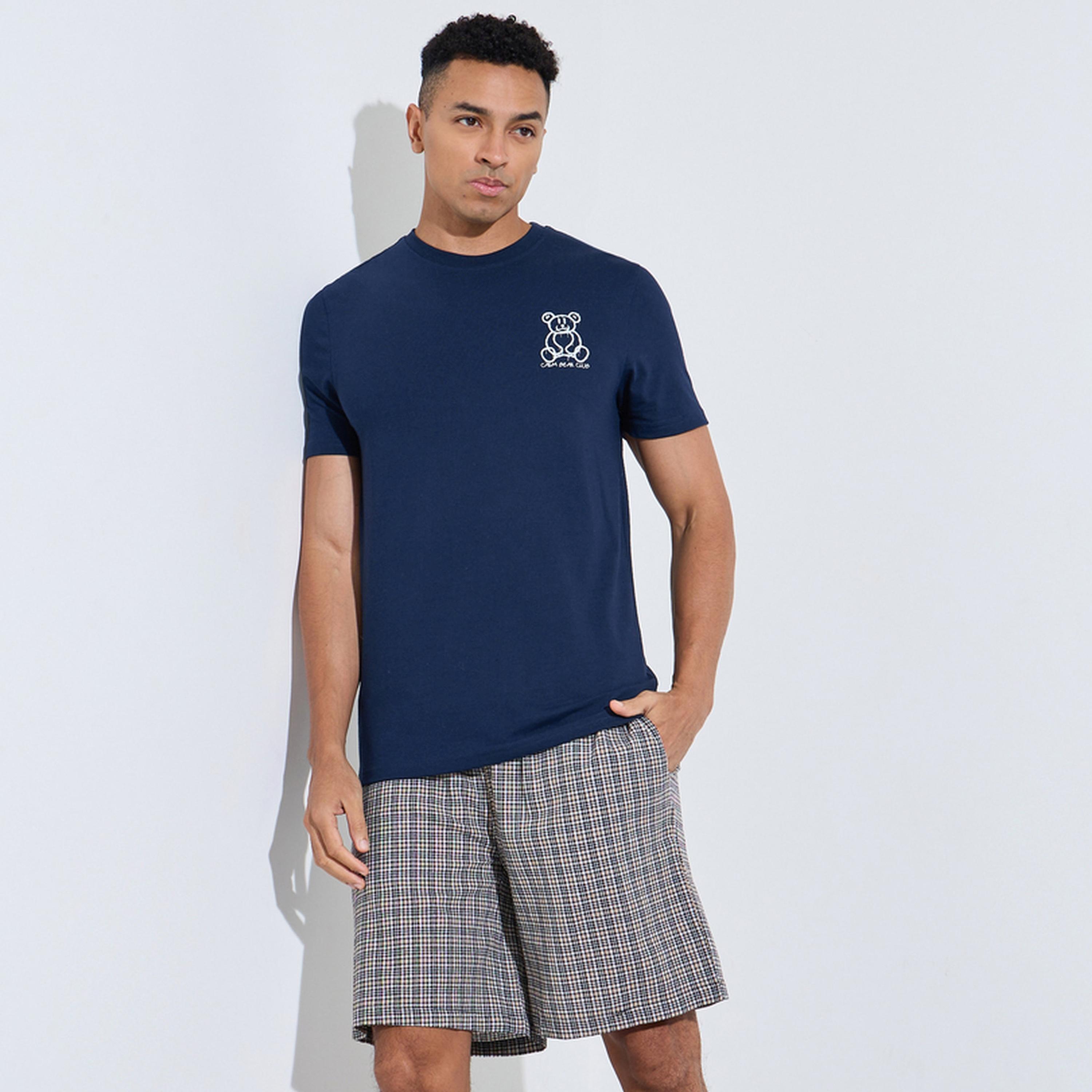 Styli Men Printed Cotton T-Shirt and Checked Shorts Set-men-clothing-nightwear-sets-image-1
