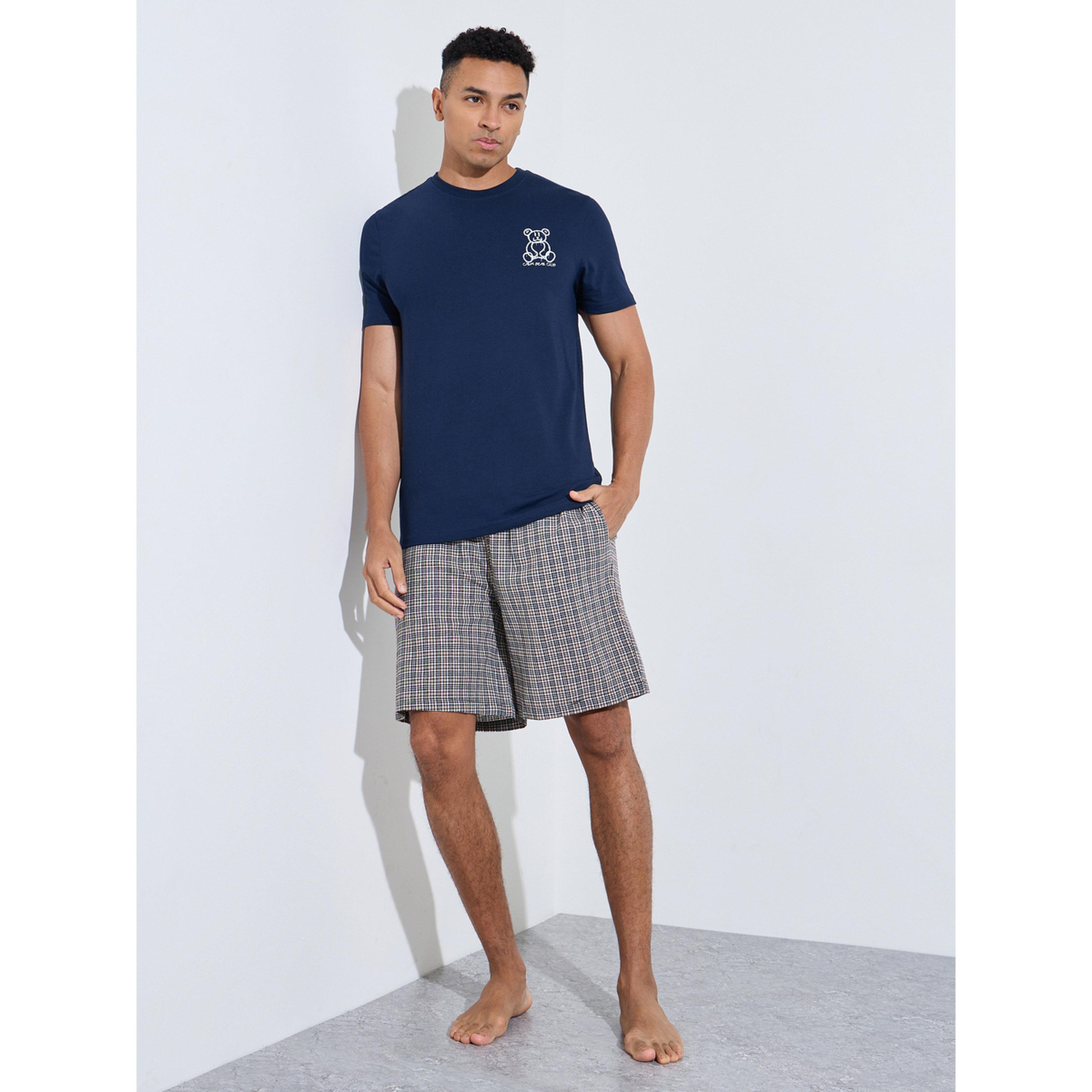 Styli Men Printed Cotton T-Shirt and Checked Shorts Set-men-clothing-nightwear-sets-image-2