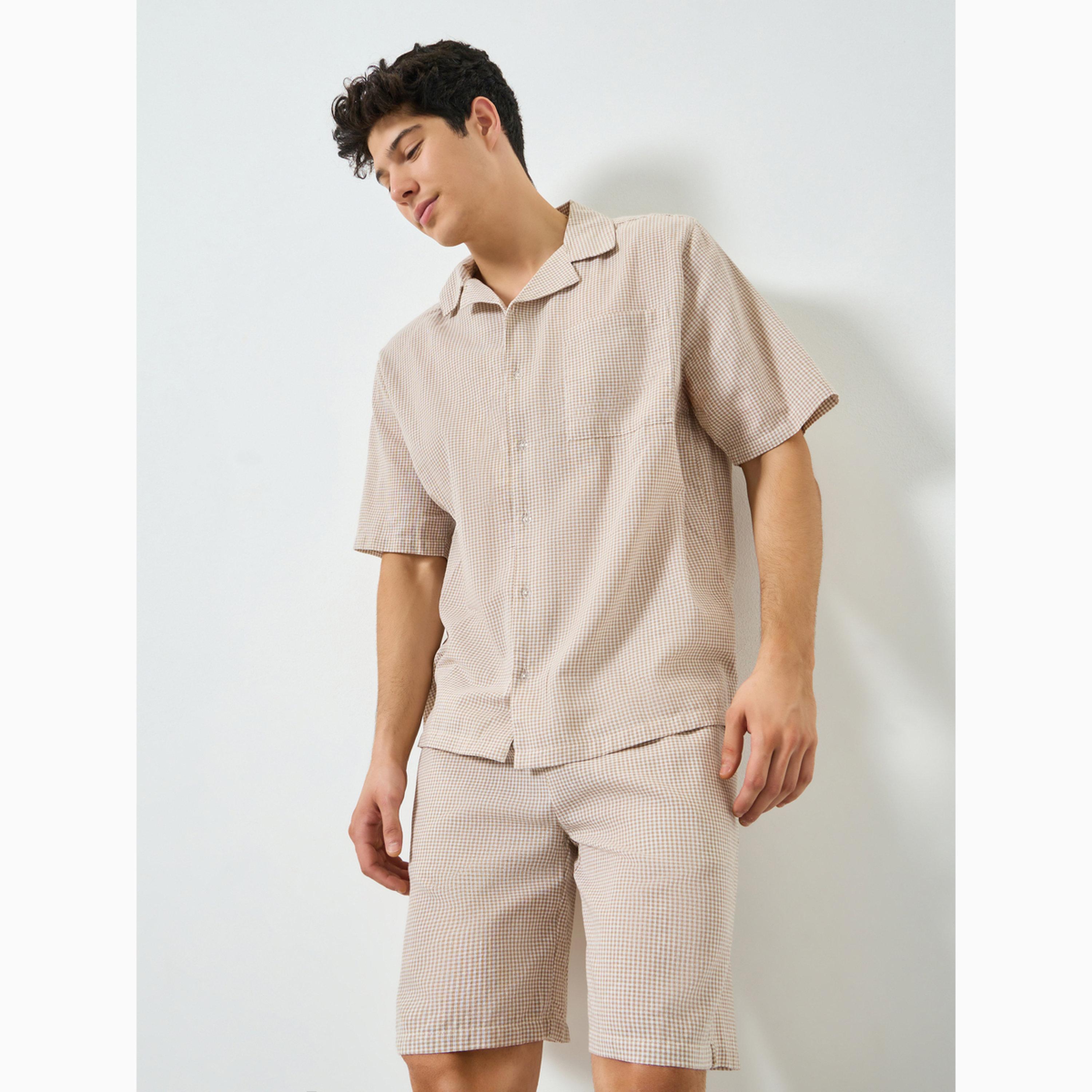 طقم قطني مخطط للرجال قميص وشورت-men-clothing-nightwear-sets-image-1