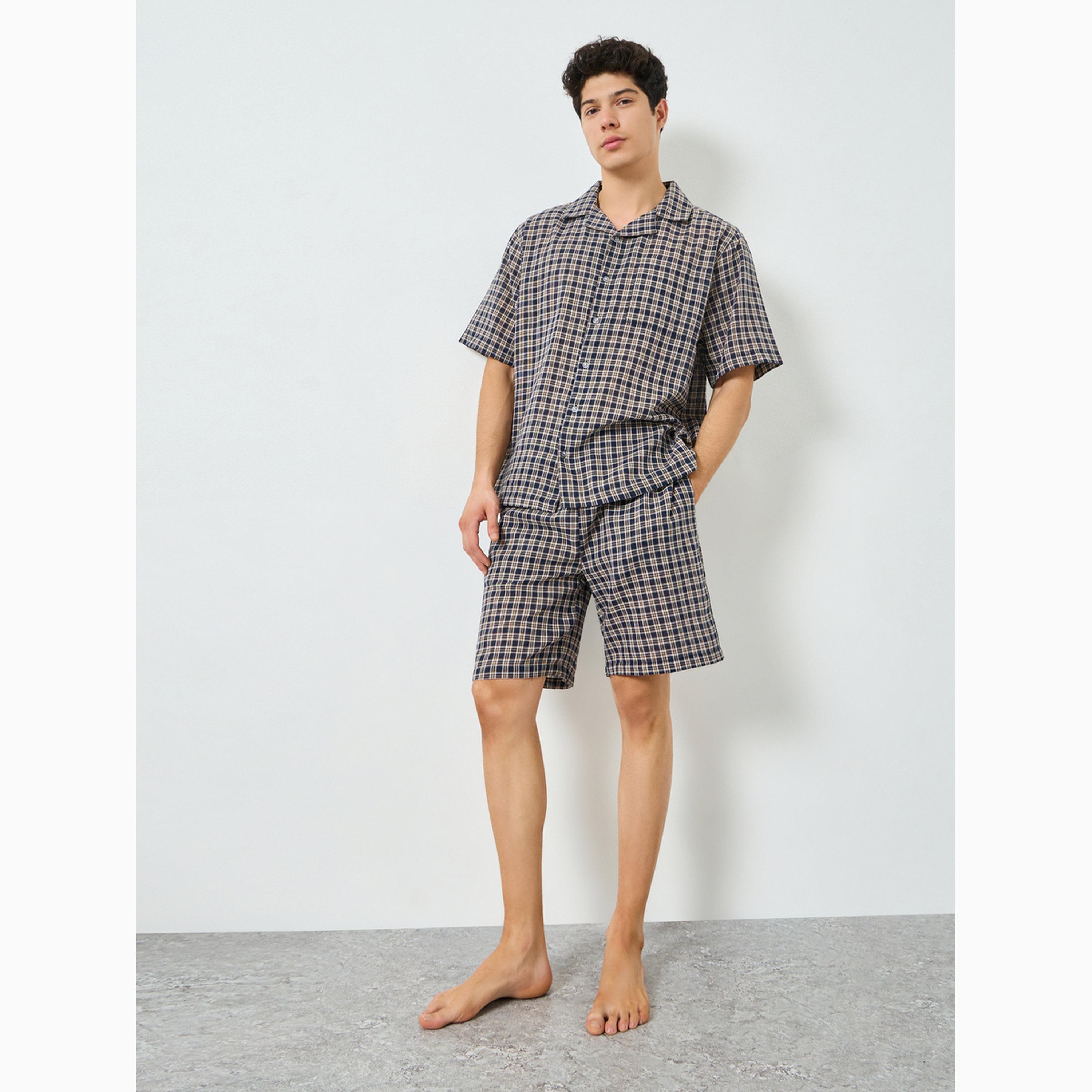 طقم قطني مخطط للرجال قميص وشورت-men-clothing-nightwear-sets-image-2