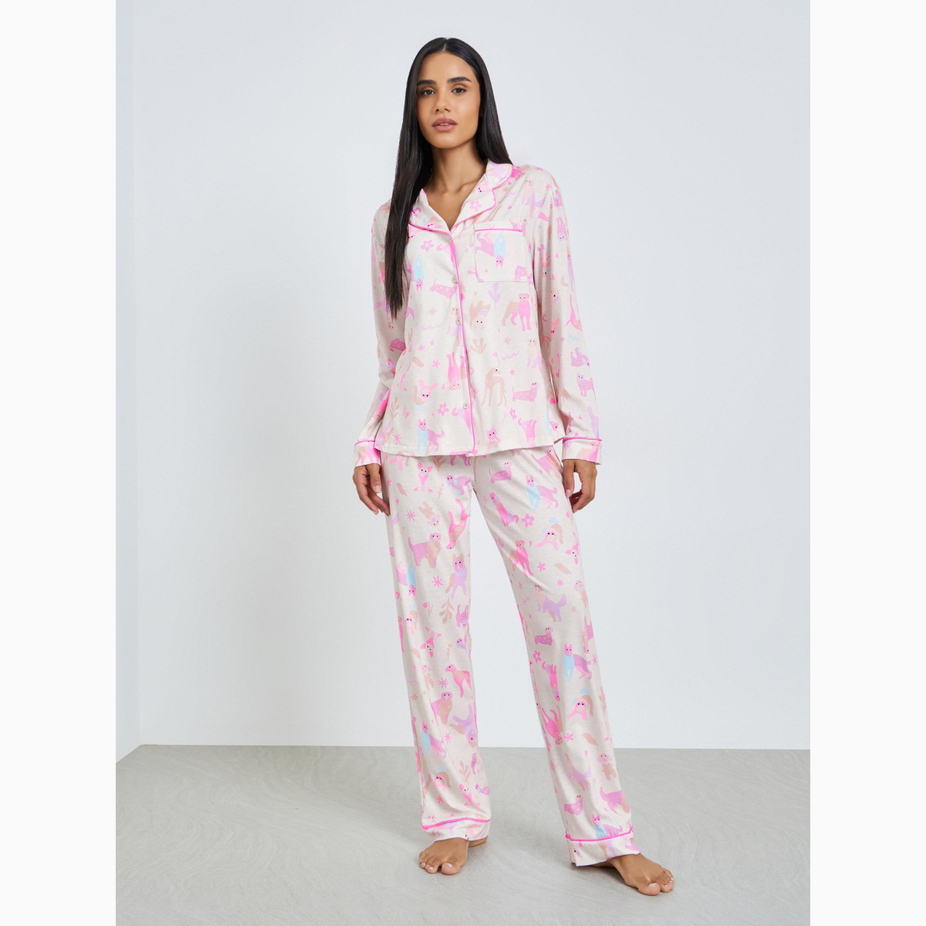 Styli Dog Print Pocket Piped Buttoned Shirt and Pyjama Set-women-clothing-nightwear-pyjamas-longsets-image-1