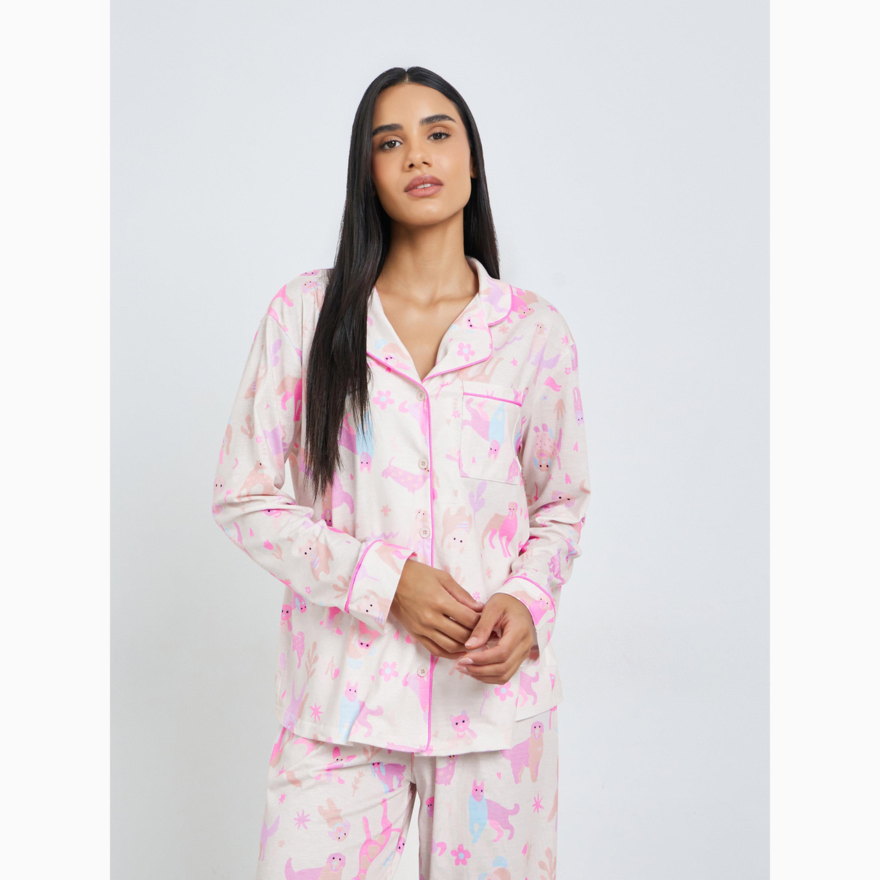 طقم بيجاما من بنطال وبلوزة بأزرار وحواف وجيب وطبعة كلب-women-clothing-nightwear-pyjamas-longsets-image-2