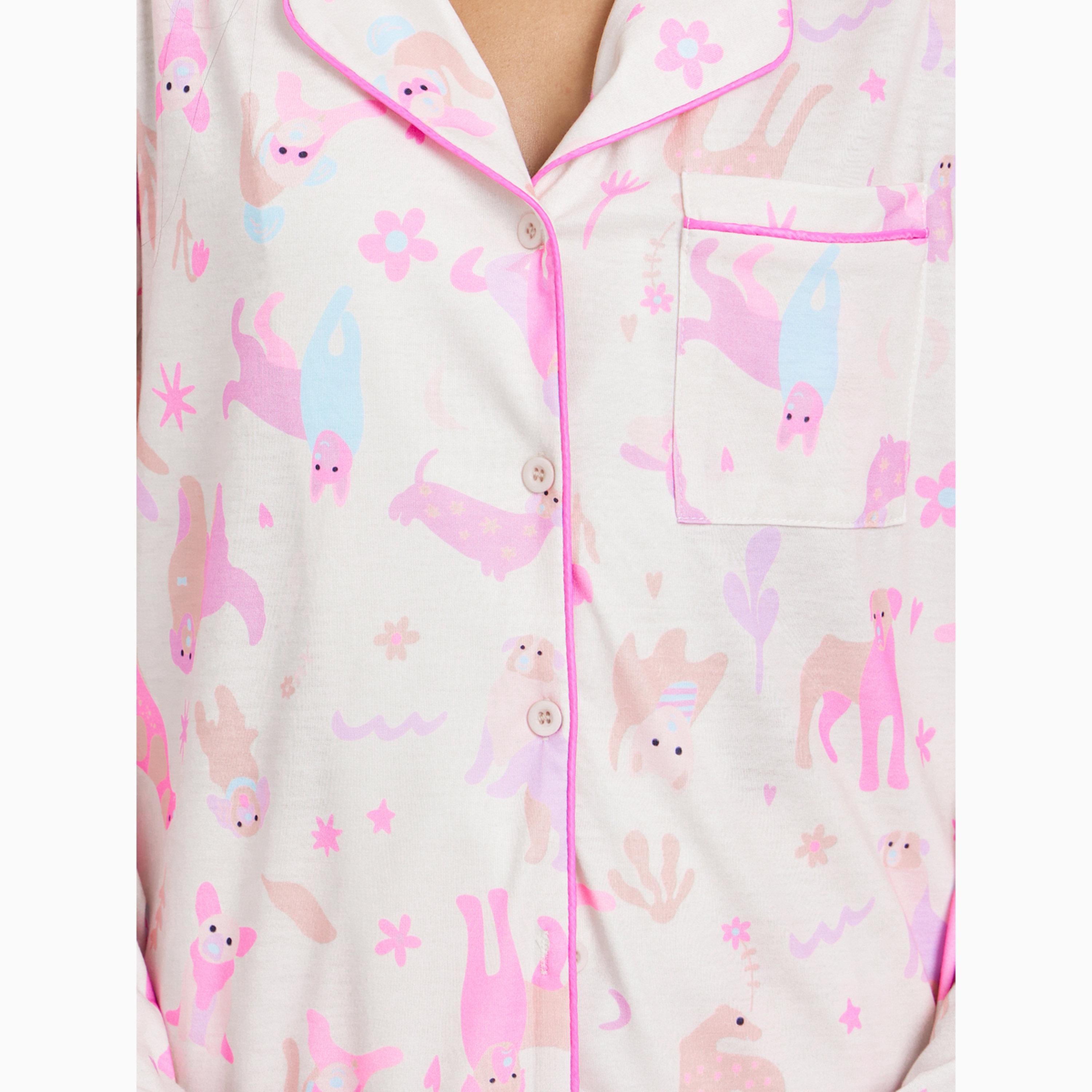 Styli Dog Print Pocket Piped Buttoned Shirt and Pyjama Set-women-clothing-nightwear-pyjamas-longsets-image-3
