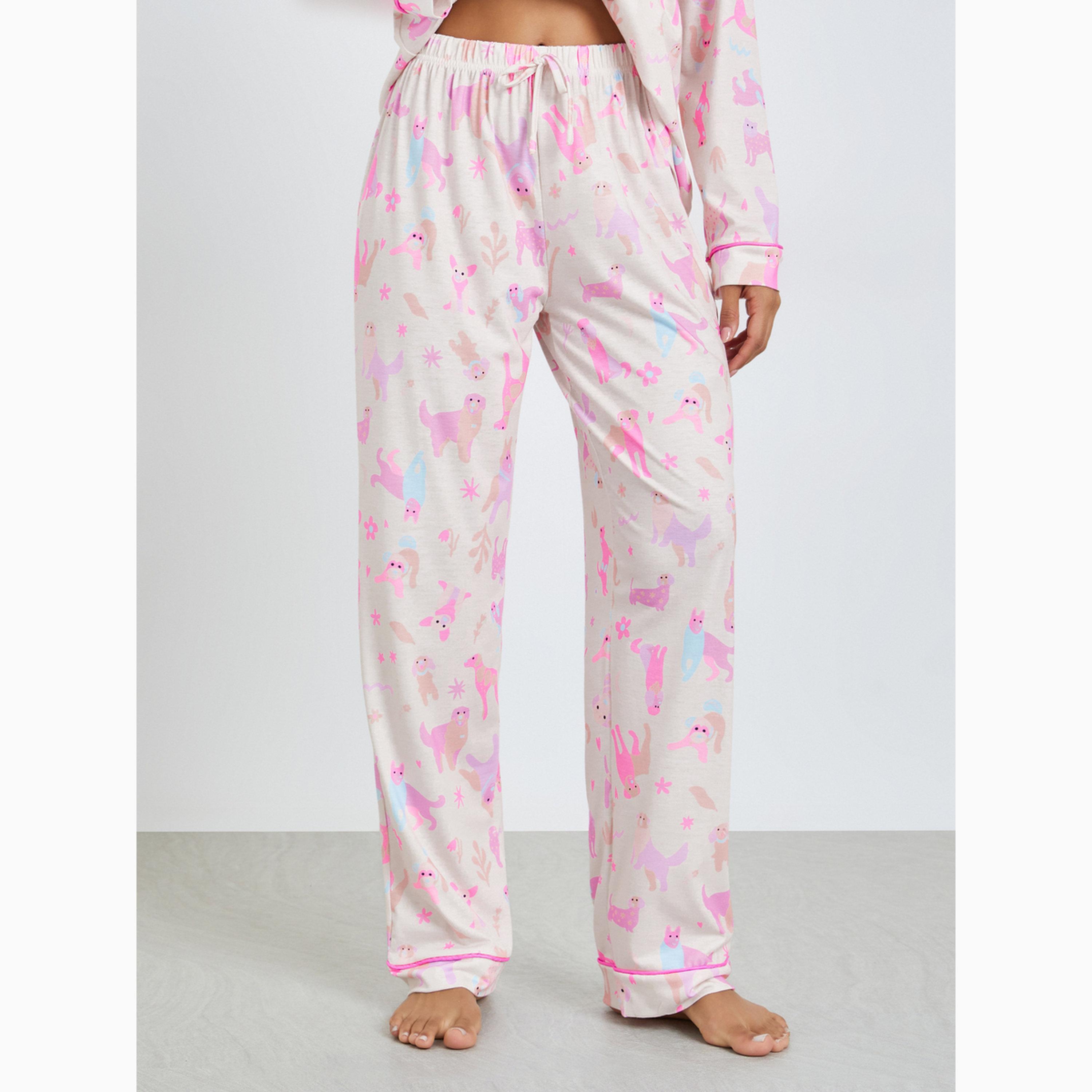 Styli Dog Print Pocket Piped Buttoned Shirt and Pyjama Set-women-clothing-nightwear-pyjamas-longsets-image-4