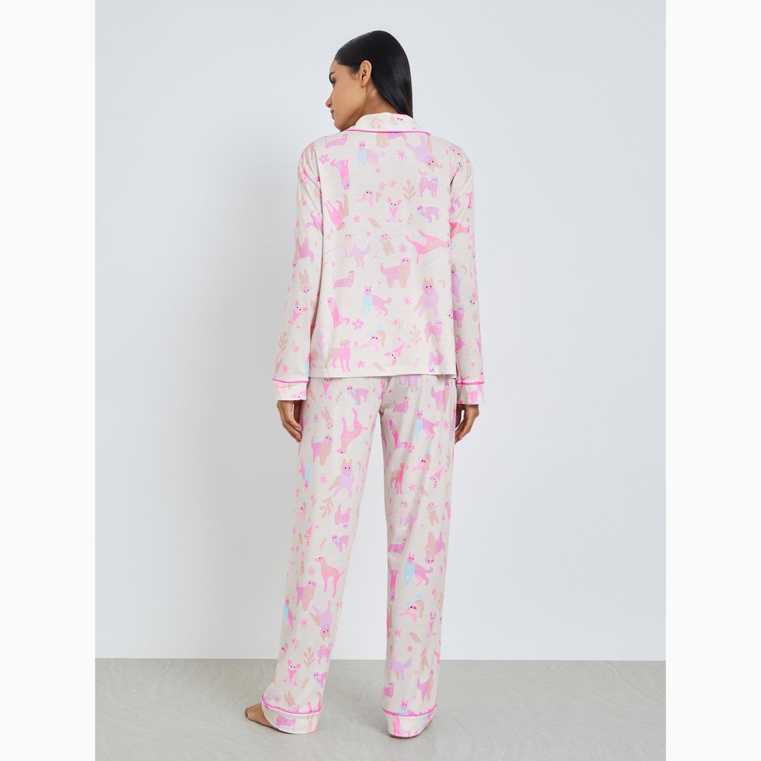 طقم بيجاما من بنطال وبلوزة بأزرار وحواف وجيب وطبعة كلب-women-clothing-nightwear-pyjamas-longsets-image-5