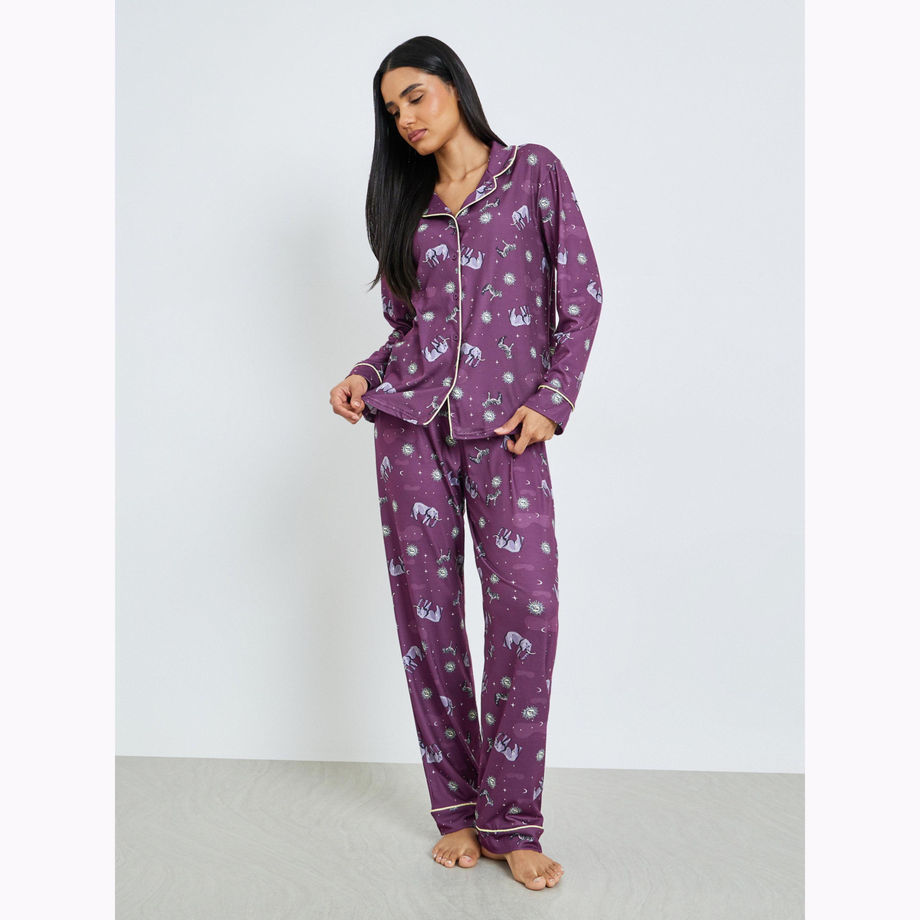 Styli Elephant Print Contrast Piped Buttoned Shirt and Pyjama Set-women-clothing-nightwear-pyjamas-longsets-image-1