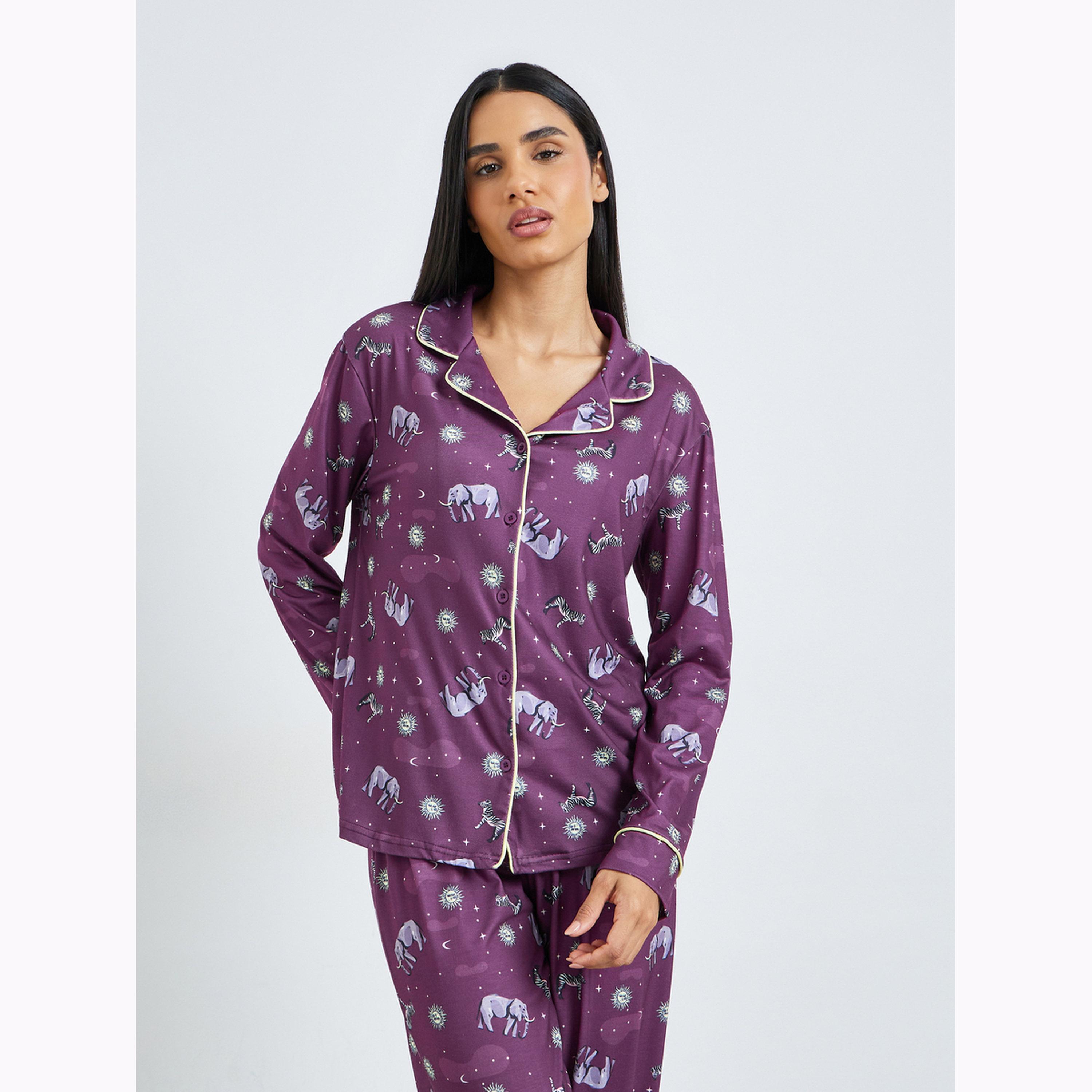 Styli Elephant Print Contrast Piped Buttoned Shirt and Pyjama Set-women-clothing-nightwear-pyjamas-longsets-image-2