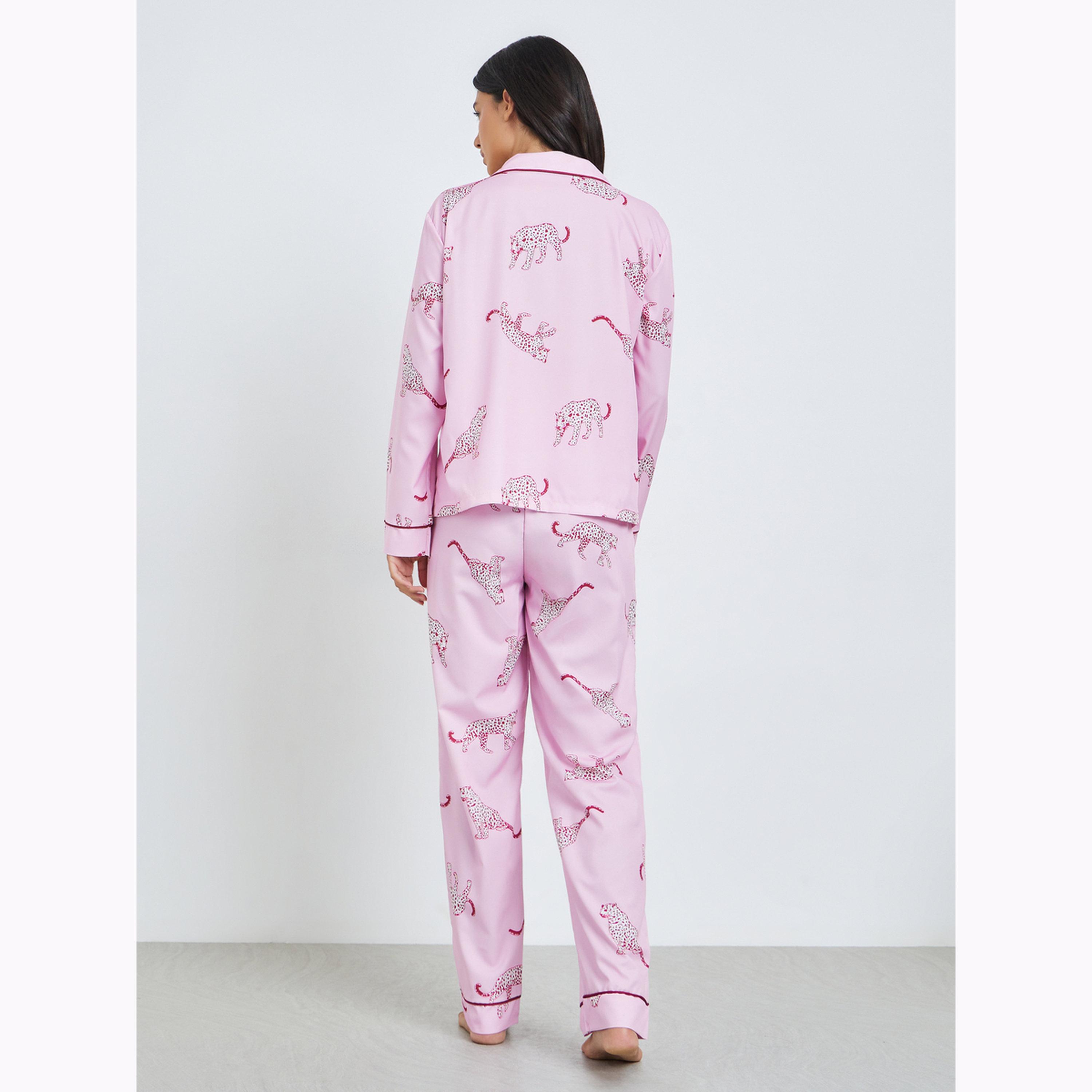Styli Pink Cheetah Print Long Sleeve Shirt and Pyjama Set-women-clothing-nightwear-pyjamas-longsets-image-3