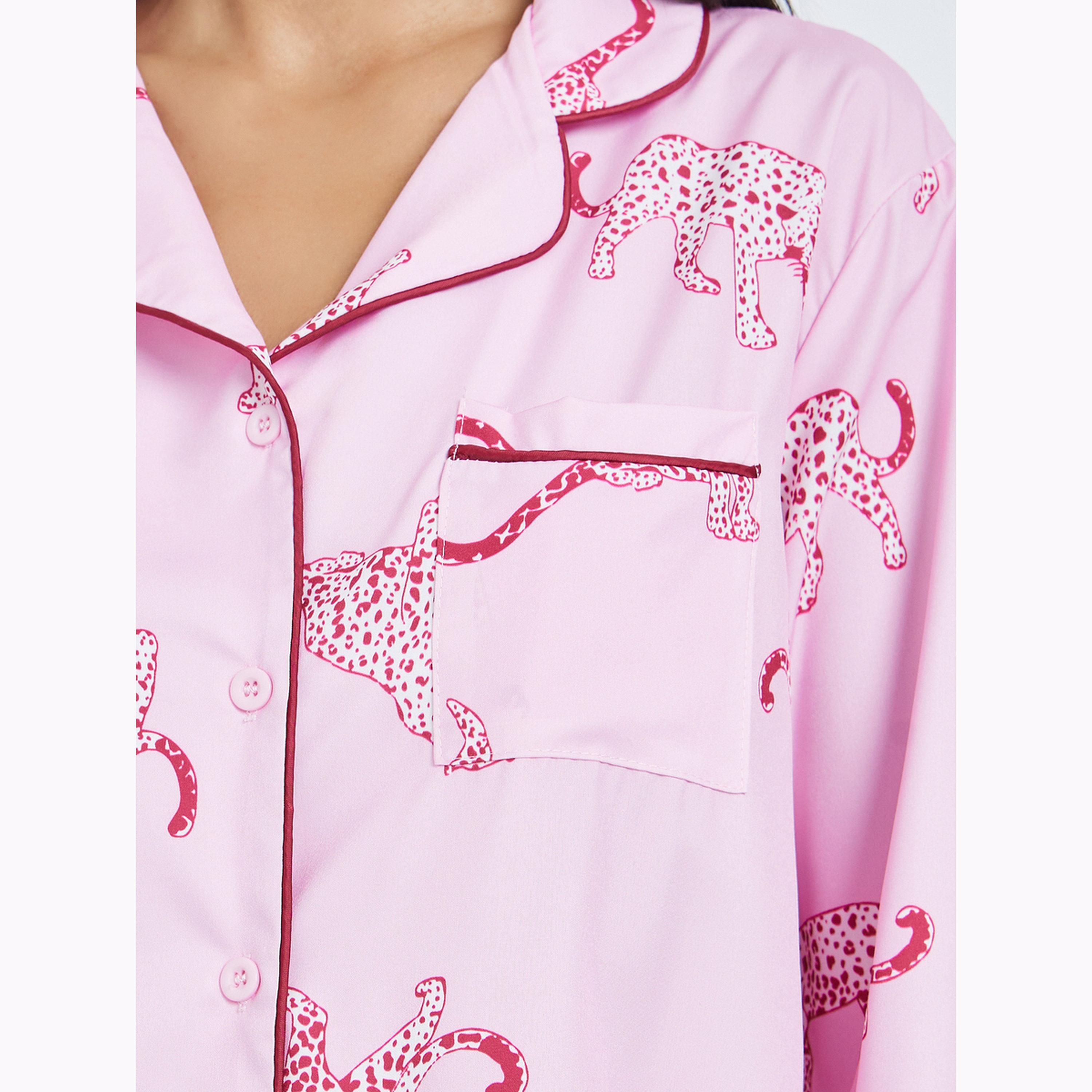 Styli Pink Cheetah Print Long Sleeve Shirt and Pyjama Set-women-clothing-nightwear-pyjamas-longsets-image-5