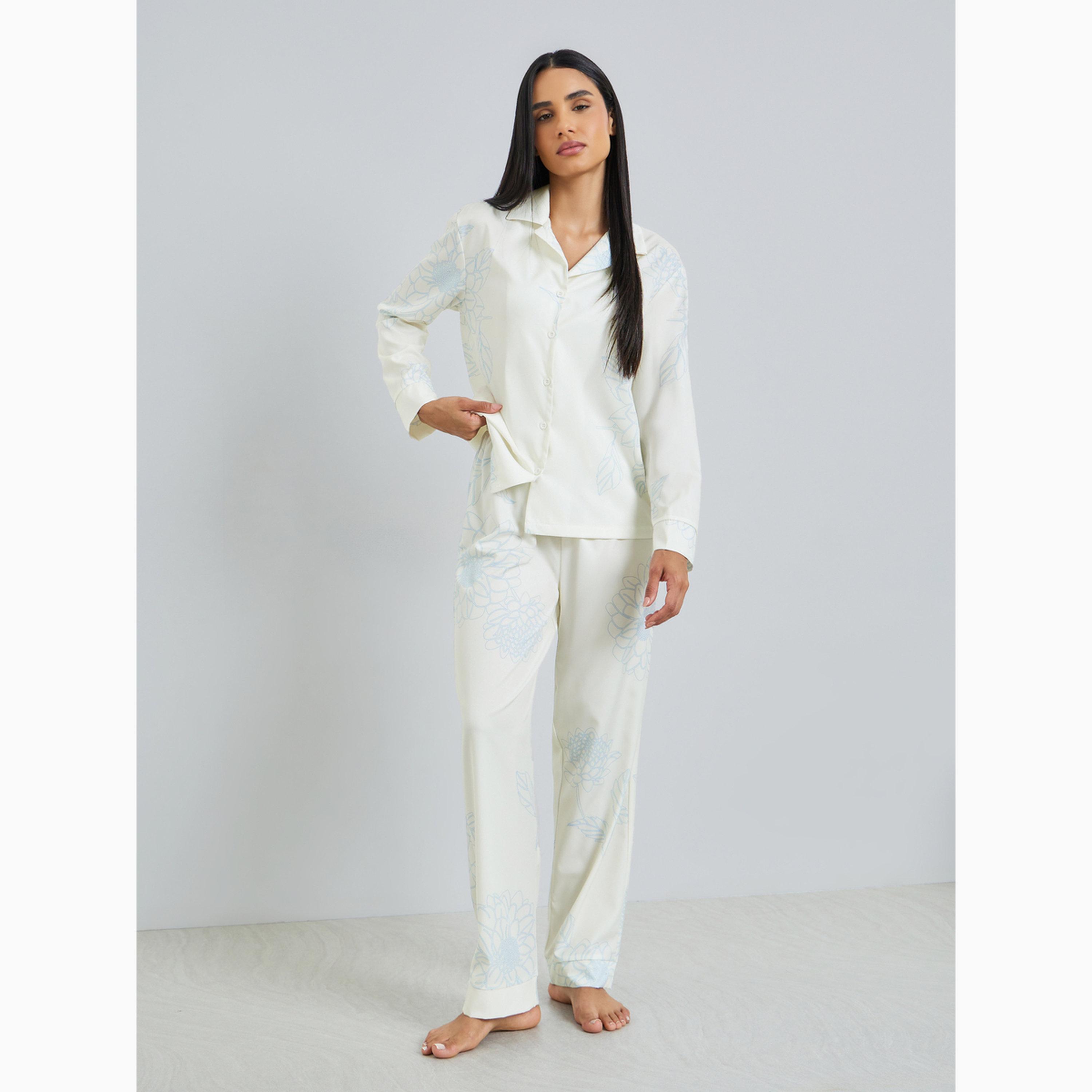 Styli Large Scale Floral Print Button Through Shirt and Pyjama Set-women-clothing-nightwear-pyjamas-longsets-image-1