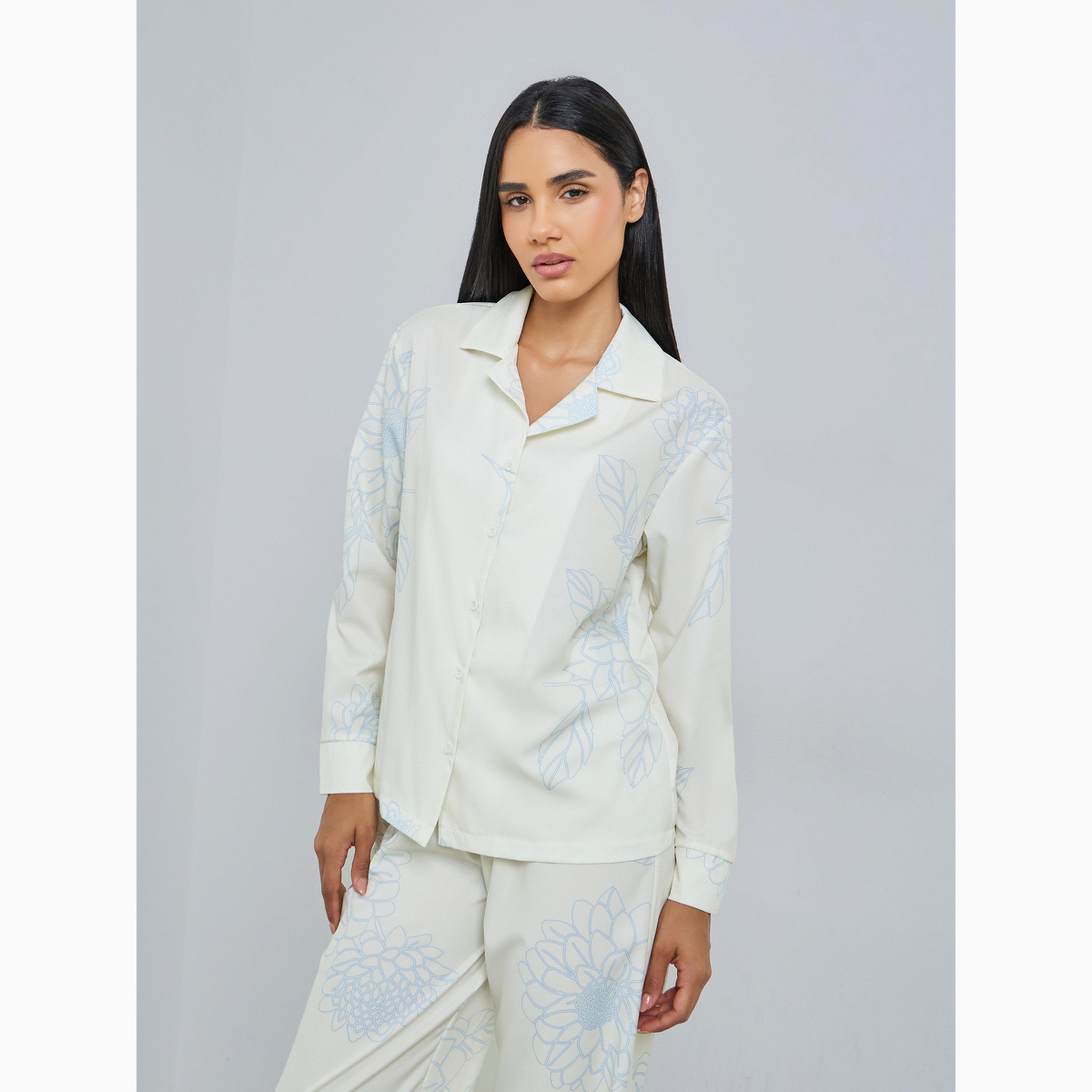Styli Large Scale Floral Print Button Through Shirt and Pyjama Set-women-clothing-nightwear-pyjamas-longsets-image-2