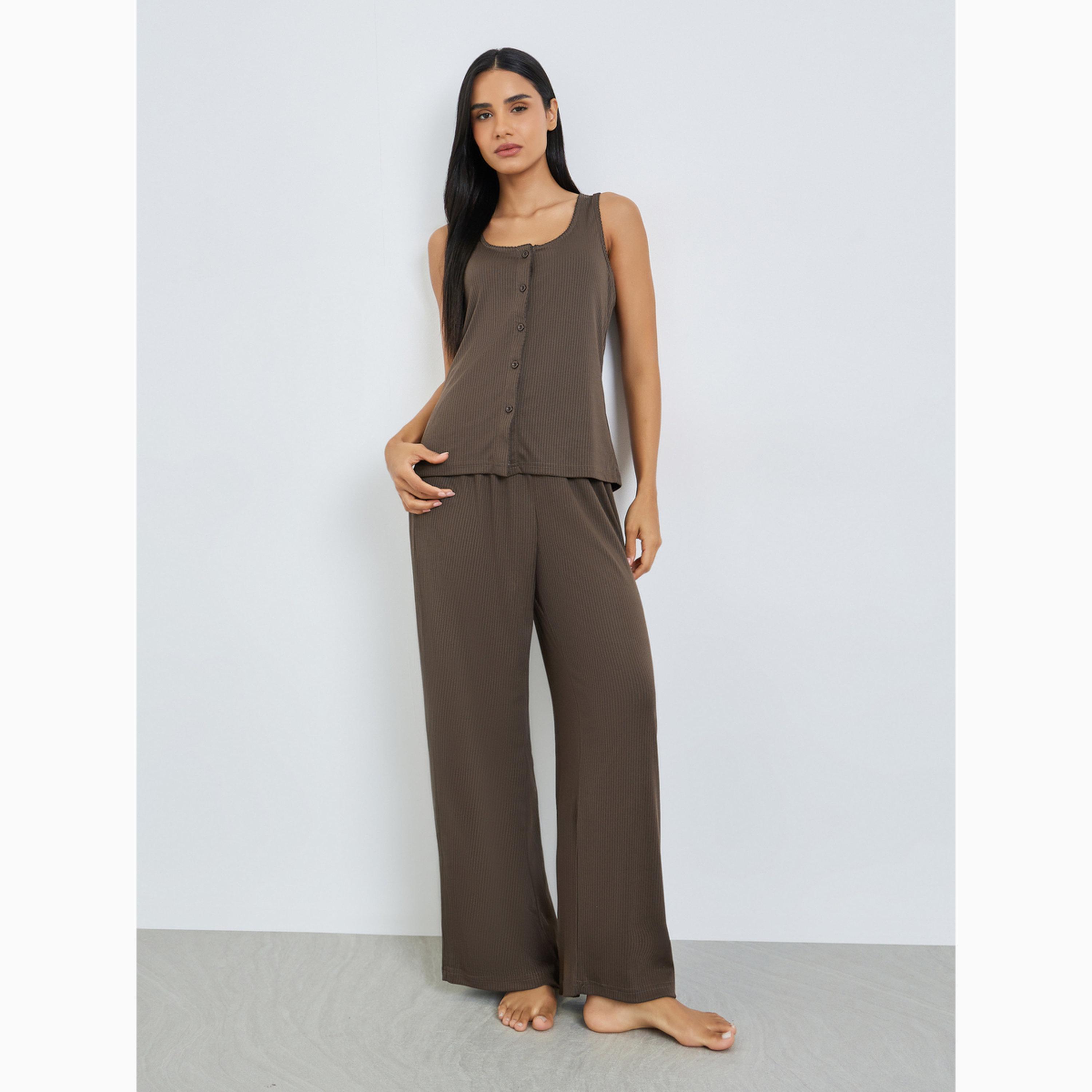 طقم بيجاما من بنطال بخصر مزموم وبلوزة تانك مضلعة عريضة-women-clothing-nightwear-pyjamas-longsets-image-1