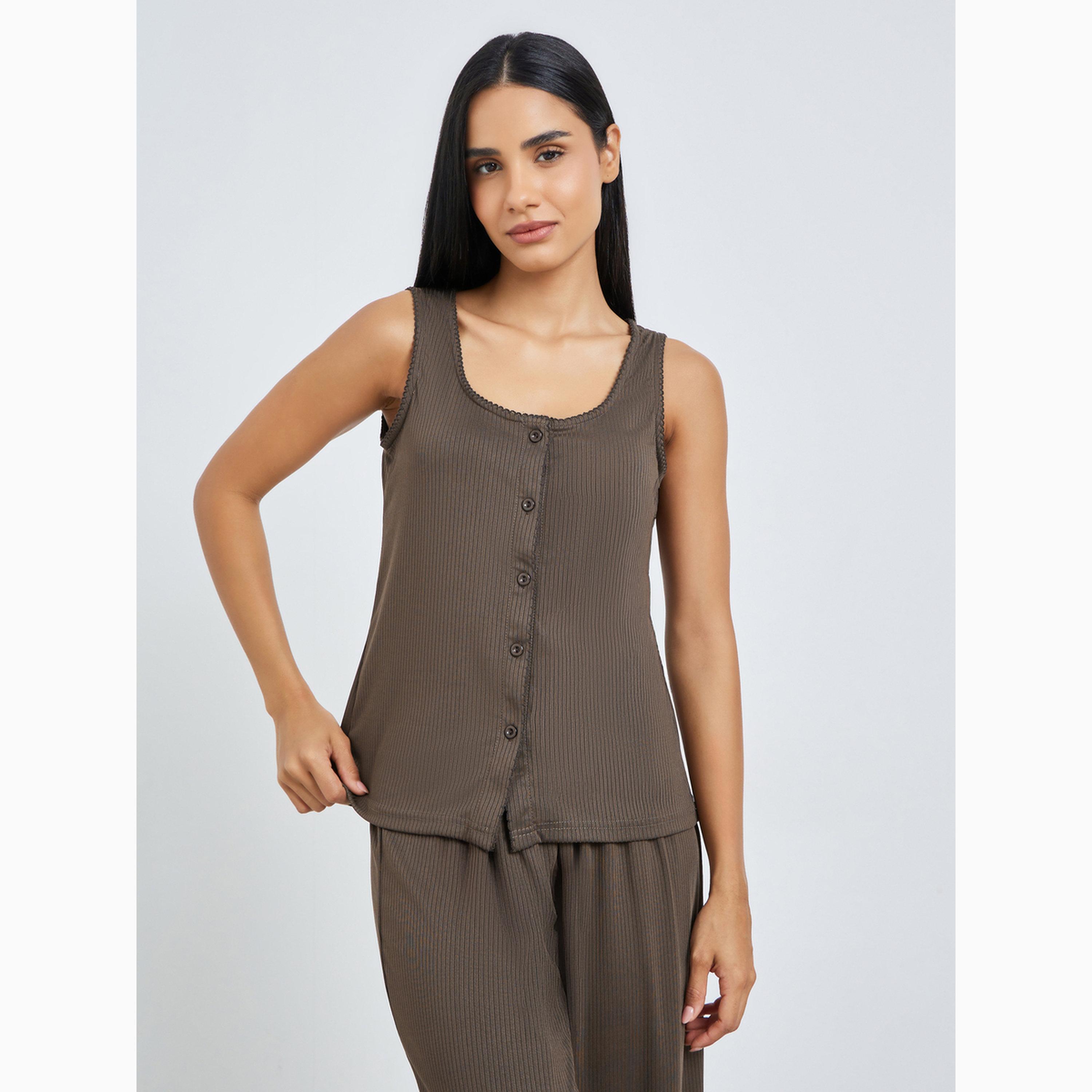 Styli Brown Wide Rib Picot Edge Tank and Shirred Waist Pyjama Set-women-clothing-nightwear-pyjamas-longsets-image-2