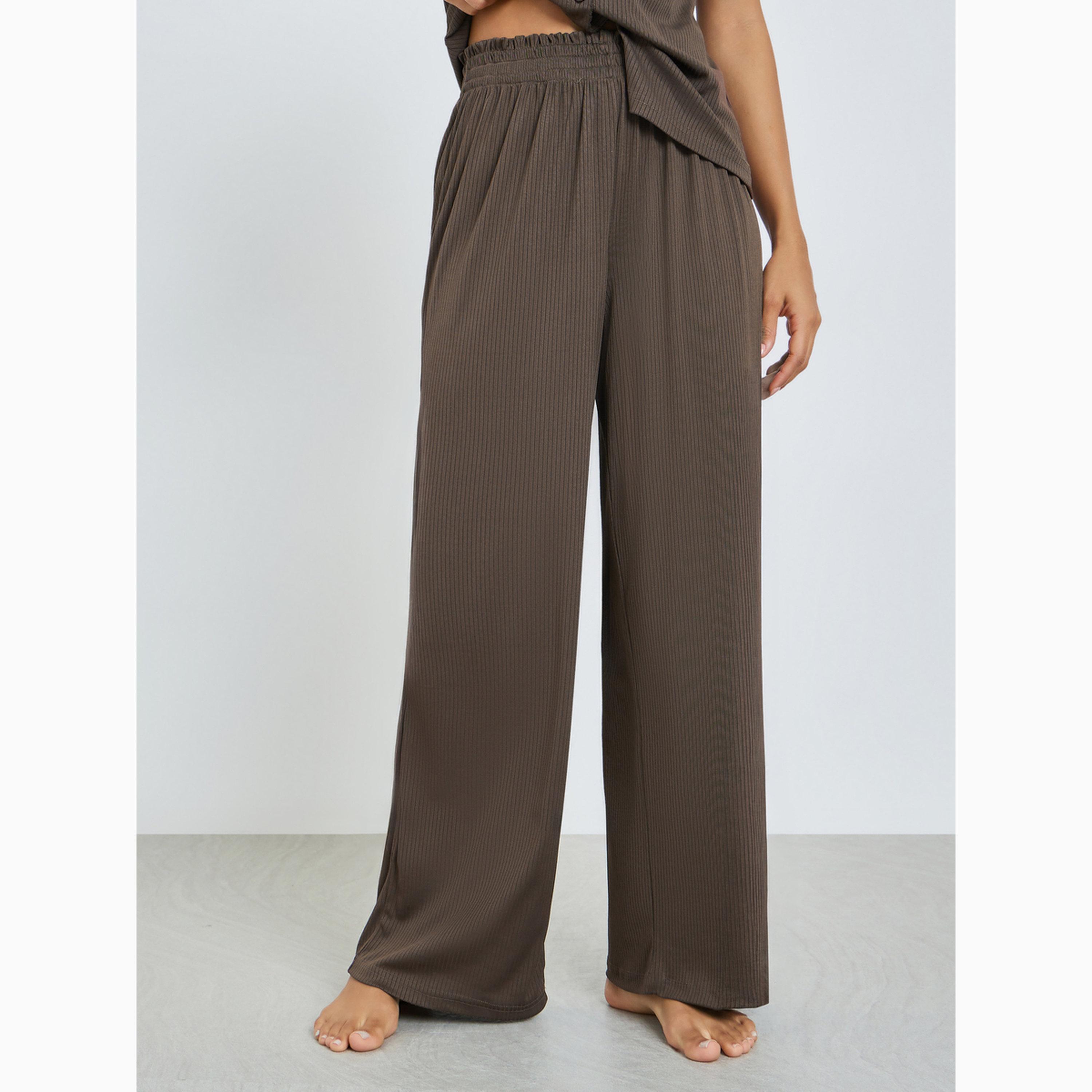 Styli Brown Wide Rib Picot Edge Tank and Shirred Waist Pyjama Set-women-clothing-nightwear-pyjamas-longsets-image-4