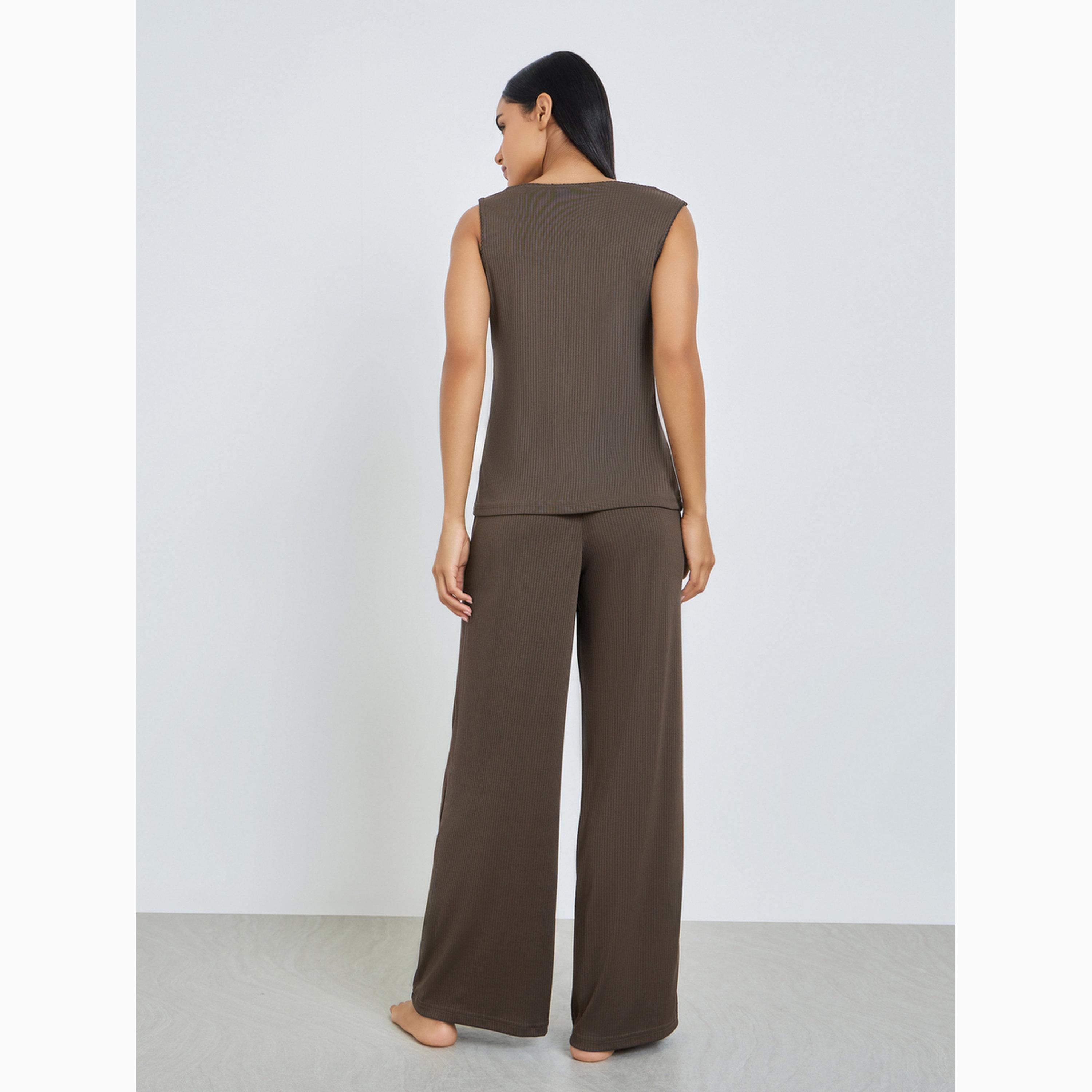 Styli Brown Wide Rib Picot Edge Tank and Shirred Waist Pyjama Set-women-clothing-nightwear-pyjamas-longsets-image-5