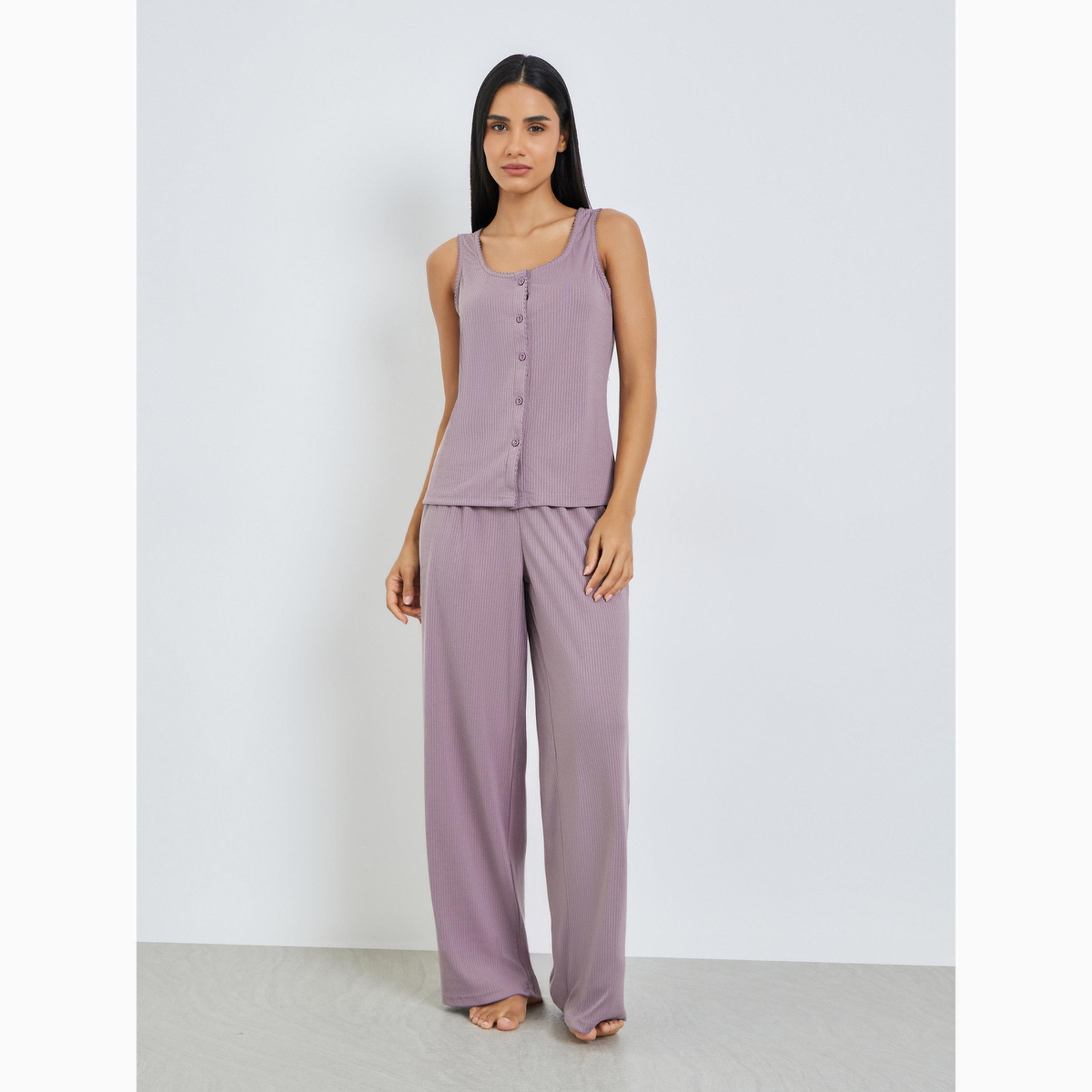 طقم بيجاما من بنطال بخصر مزموم وبلوزة تانك مضلعة عريضة-women-clothing-nightwear-pyjamas-longsets-image-1