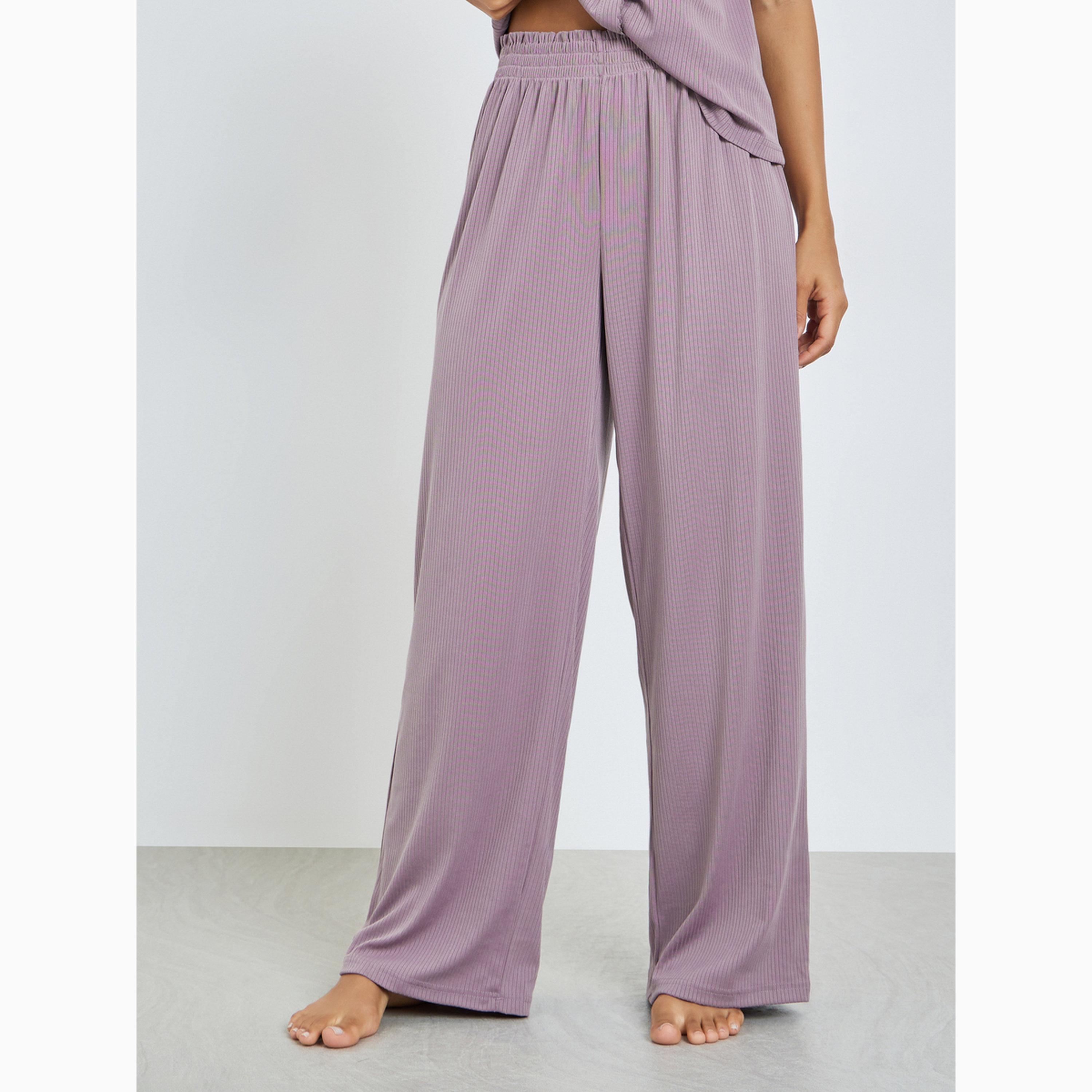 طقم بيجاما من بنطال بخصر مزموم وبلوزة تانك مضلعة عريضة-women-clothing-nightwear-pyjamas-longsets-image-5