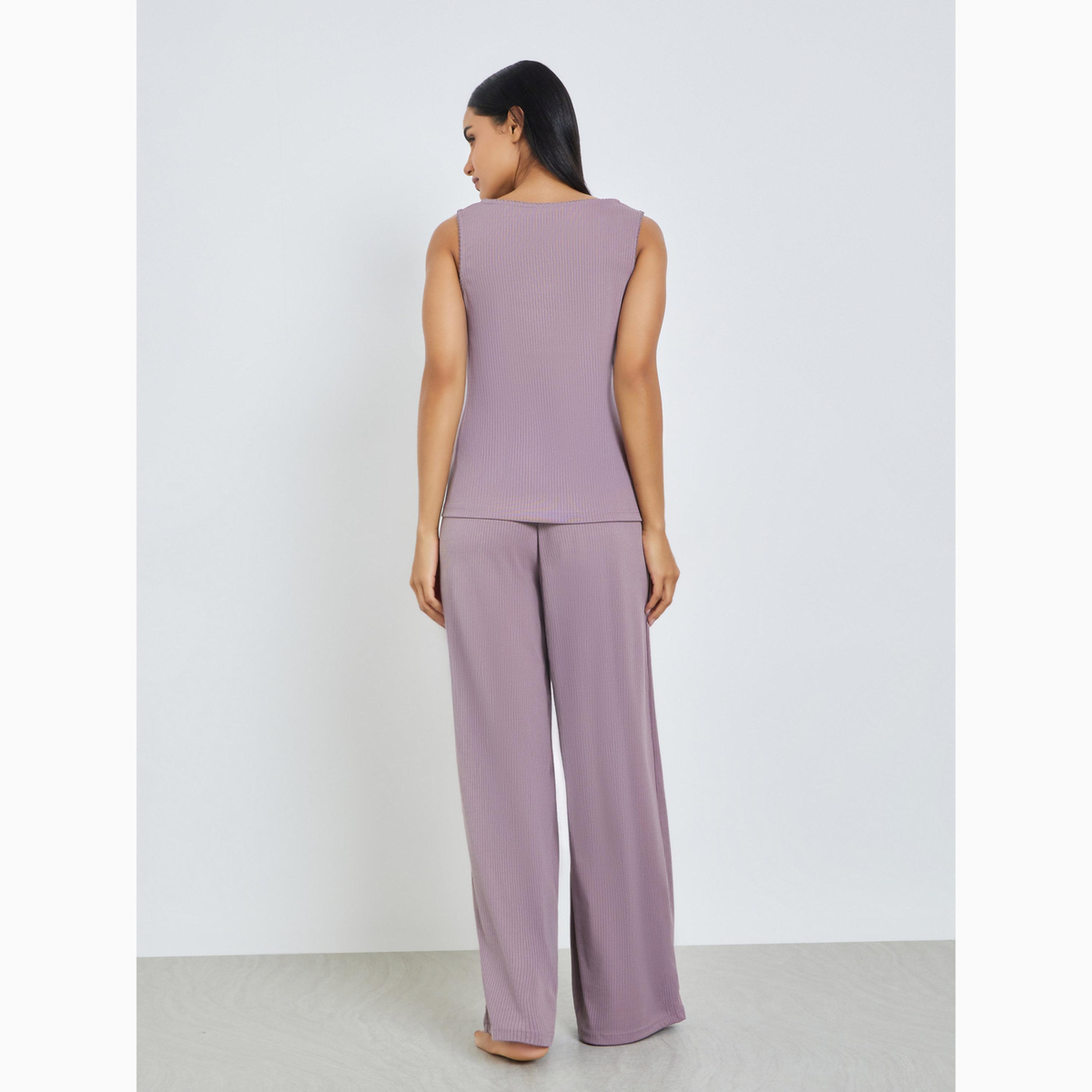Styli Pink Wide Rib Picot Edge Tank and Shirred Waist Pyjama Set-women-clothing-nightwear-pyjamas-longsets-image-6