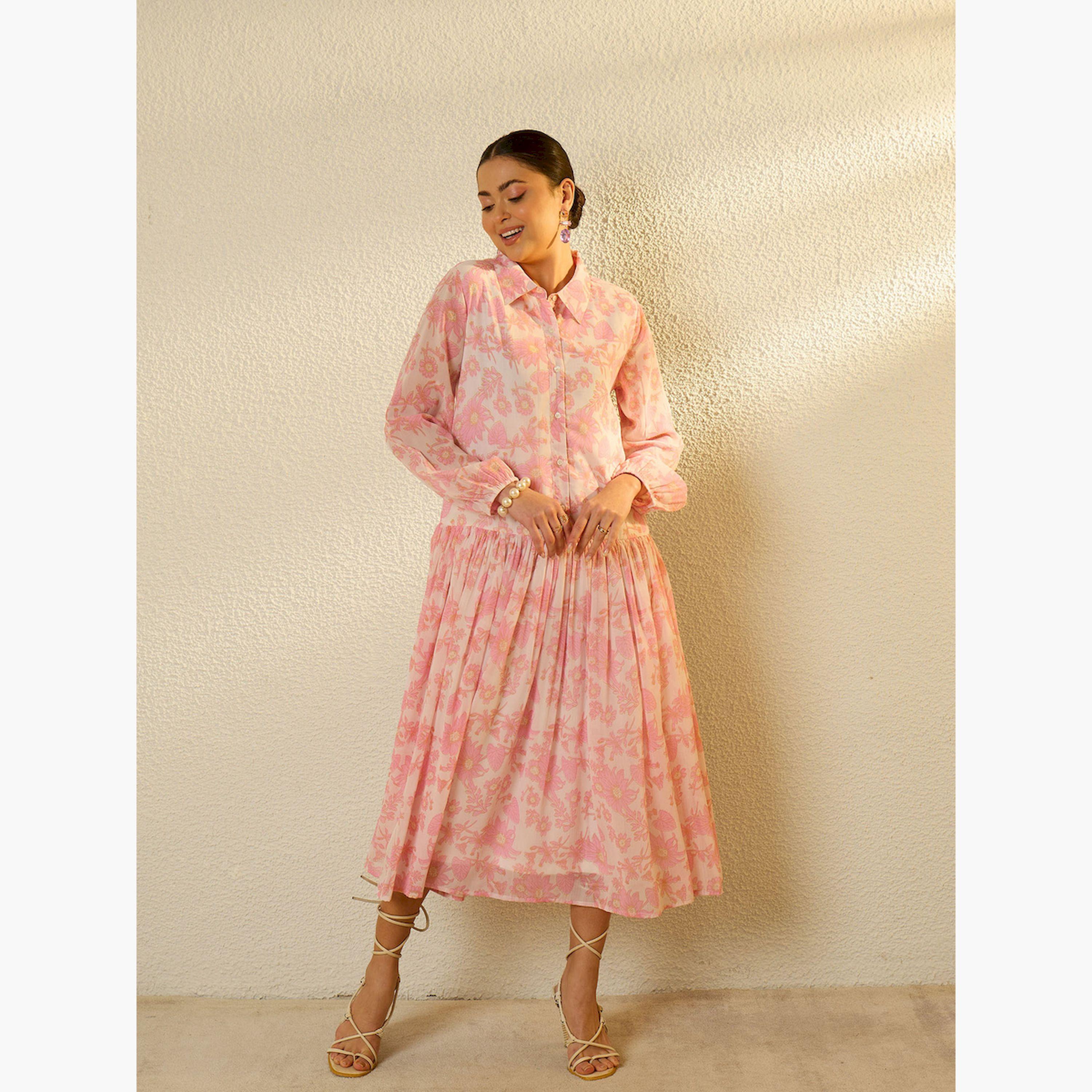 Sassafras X Styli Pink Floral Print Front Button Down Midi Dress-women-clothing-dresses-image-2