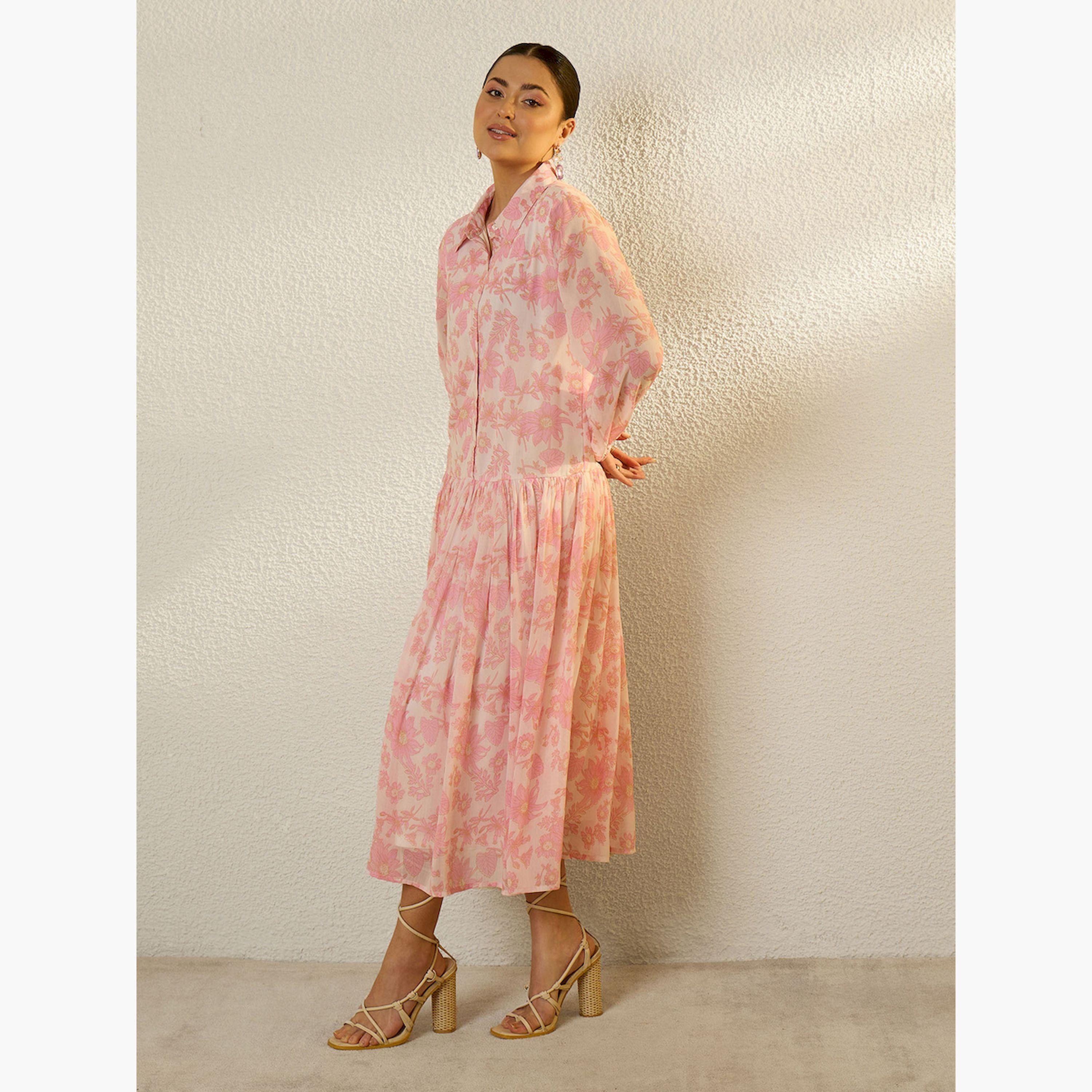 ساسافراس × ستايلي - فستان ميدي وردي اللون نقشة زهور وأزرار أمامية-women-clothing-dresses-image-3