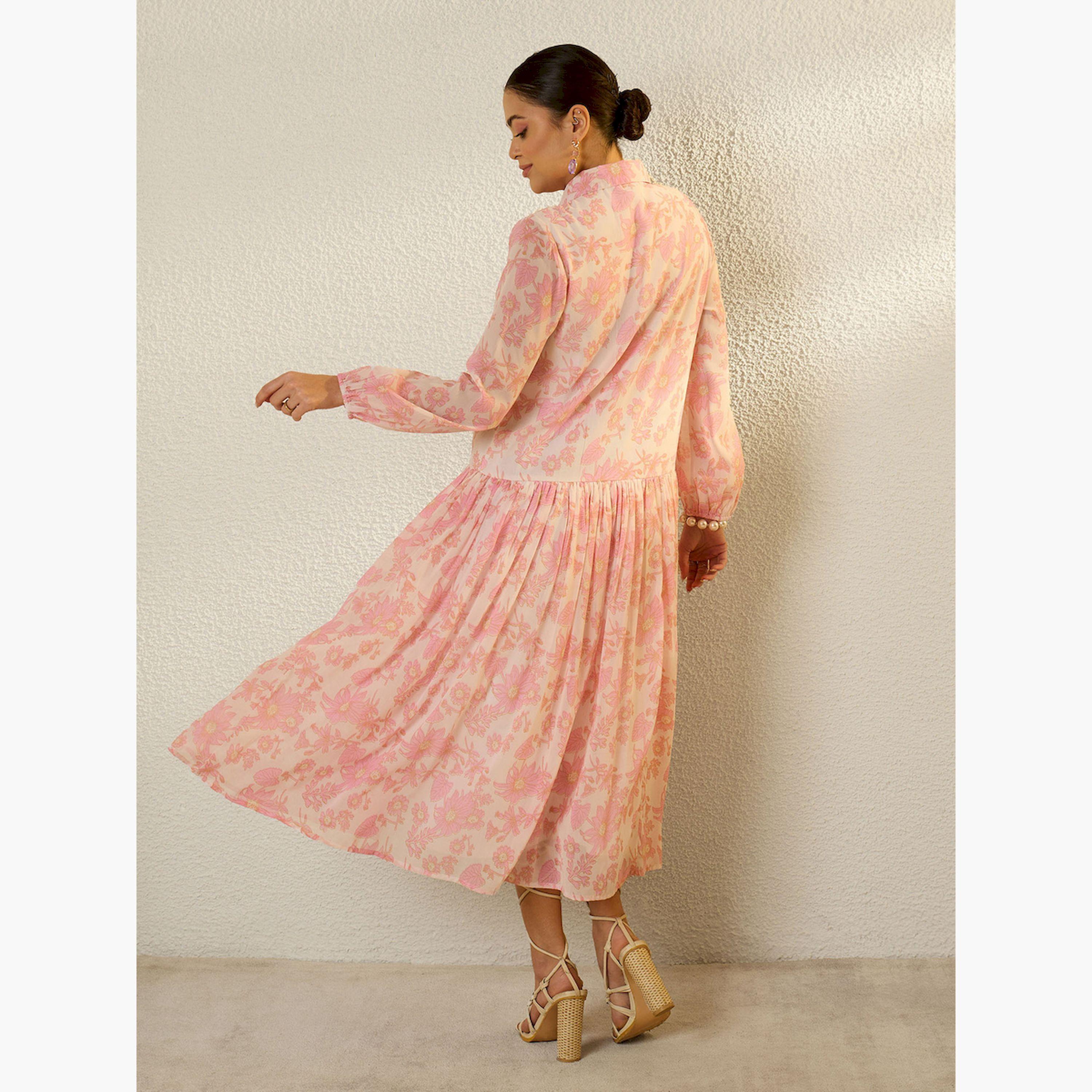 Sassafras X Styli Pink Floral Print Front Button Down Midi Dress-women-clothing-dresses-image-5