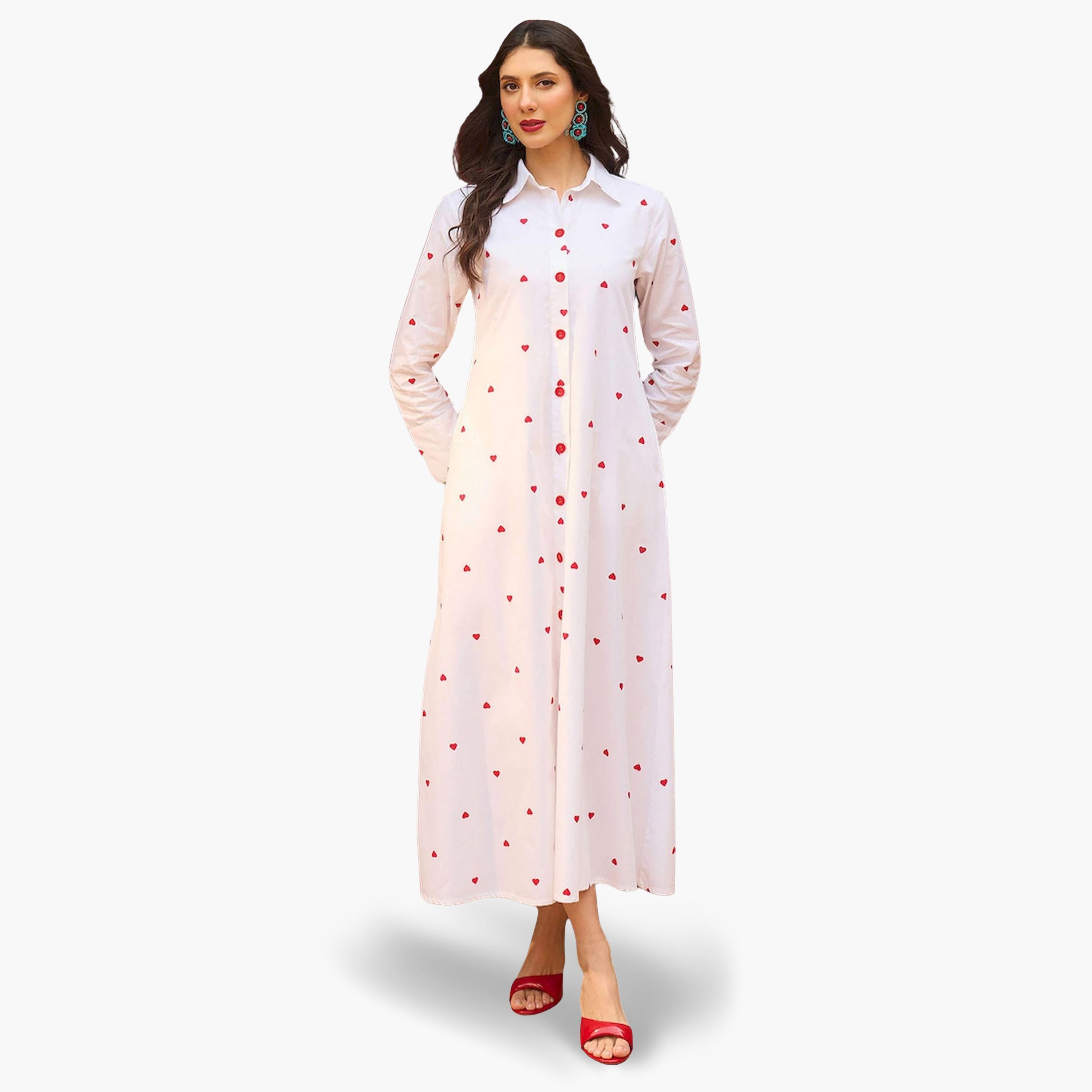 ساسافراس × ستايلي - فستان ماكسي أبيض نقشة قلوب تصميم A-women-clothing-dresses-image-1