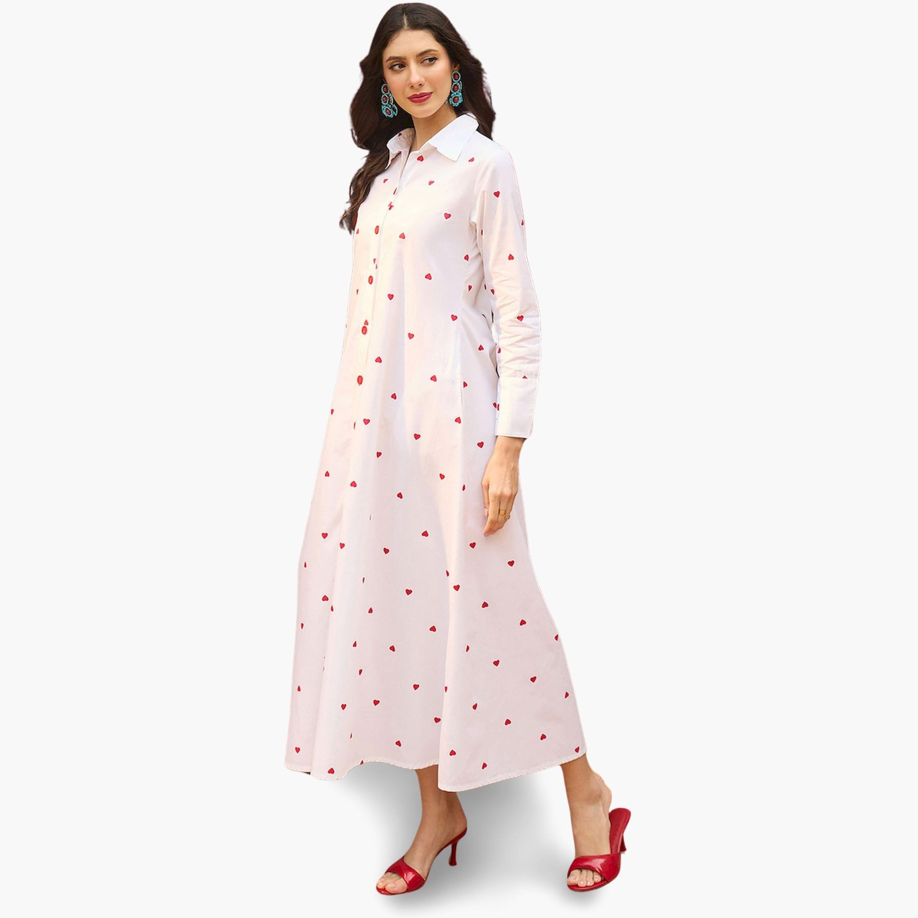 ساسافراس × ستايلي - فستان ماكسي أبيض نقشة قلوب تصميم A-women-clothing-dresses-image-3