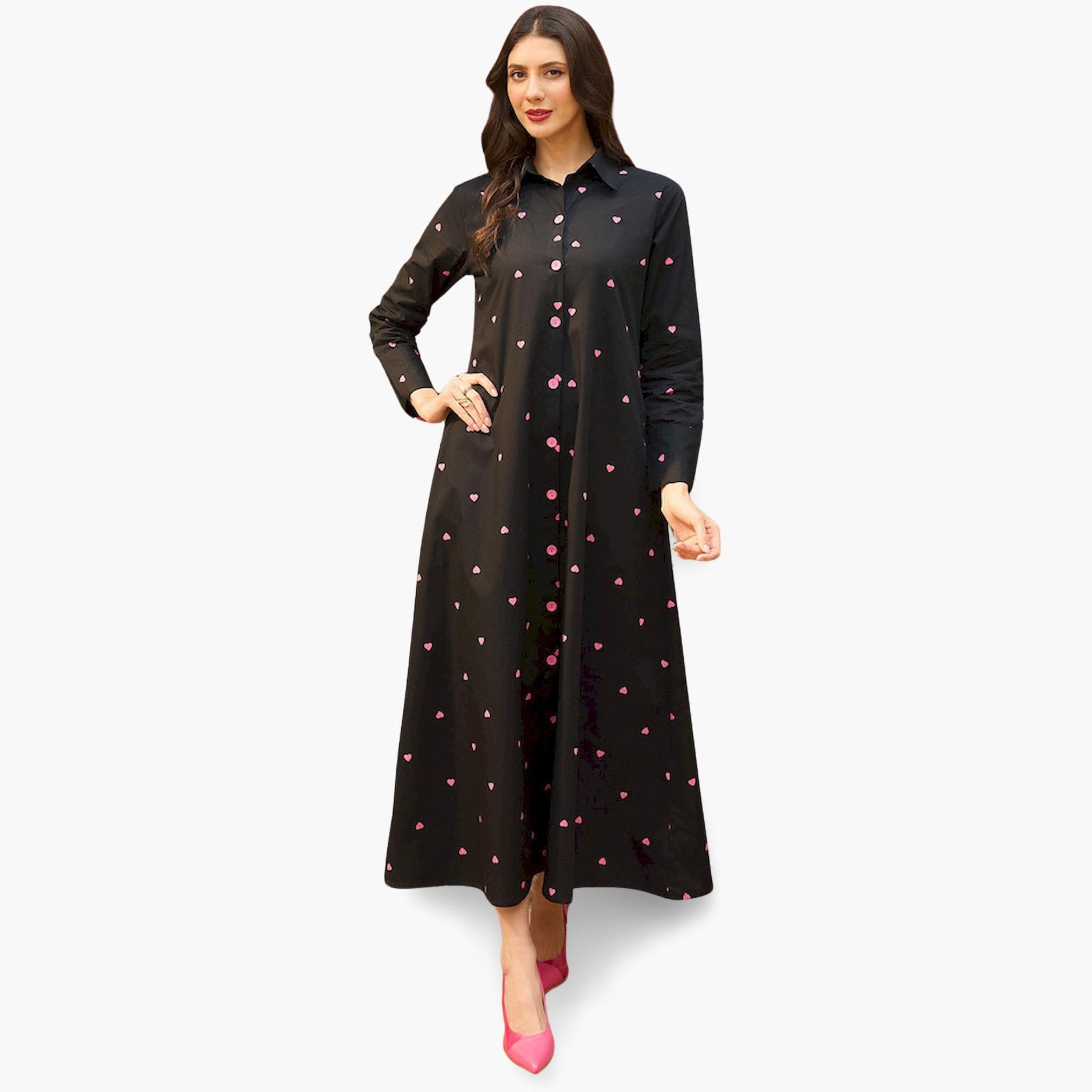 ساسافراس × ستايلي - فستان ماكسي أسود نقشة قلوب تصميم A-women-clothing-dresses-image-1