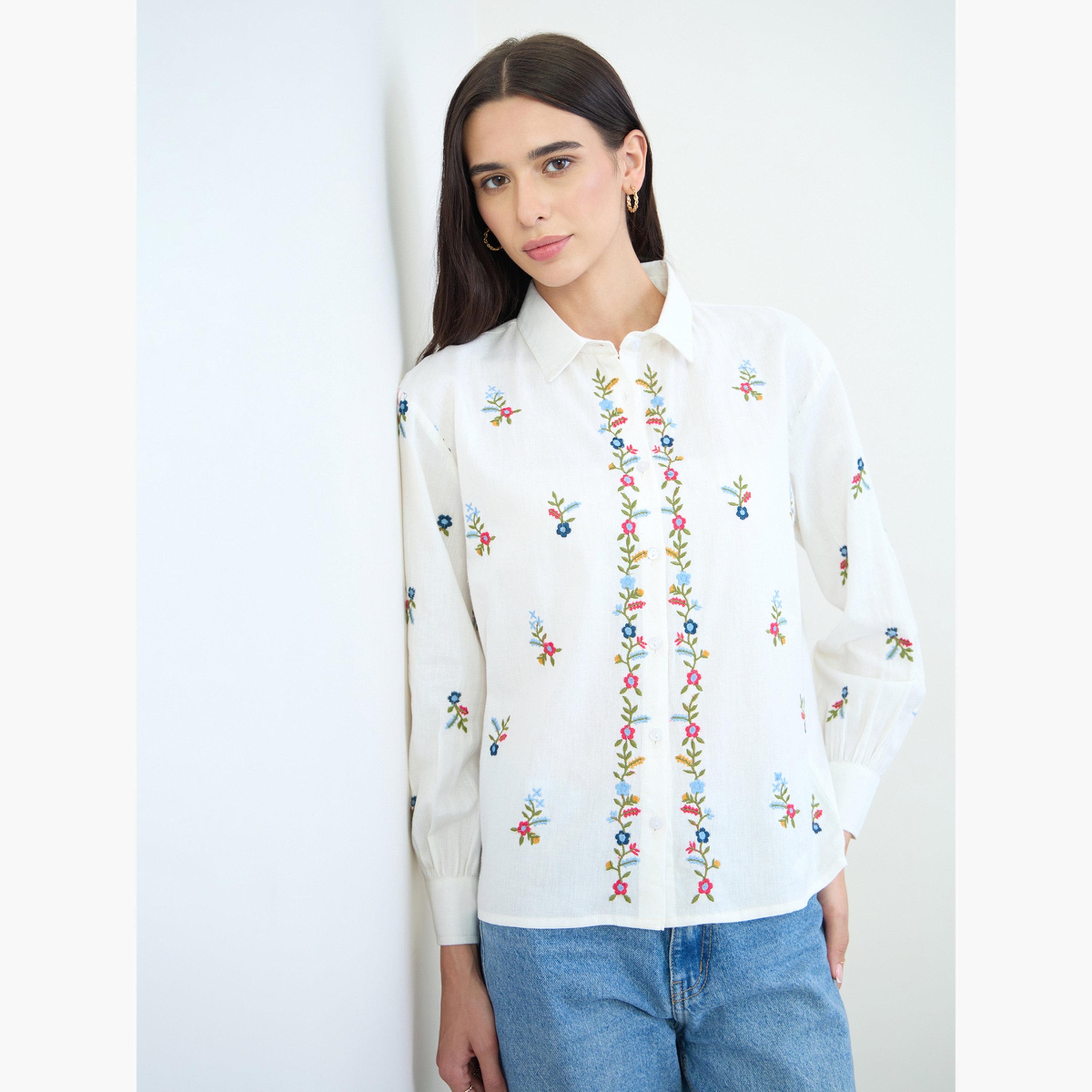 Styli Off White Embroidered Cotton Shirt-women-clothing-shirtsandblouses-shirts-image-3