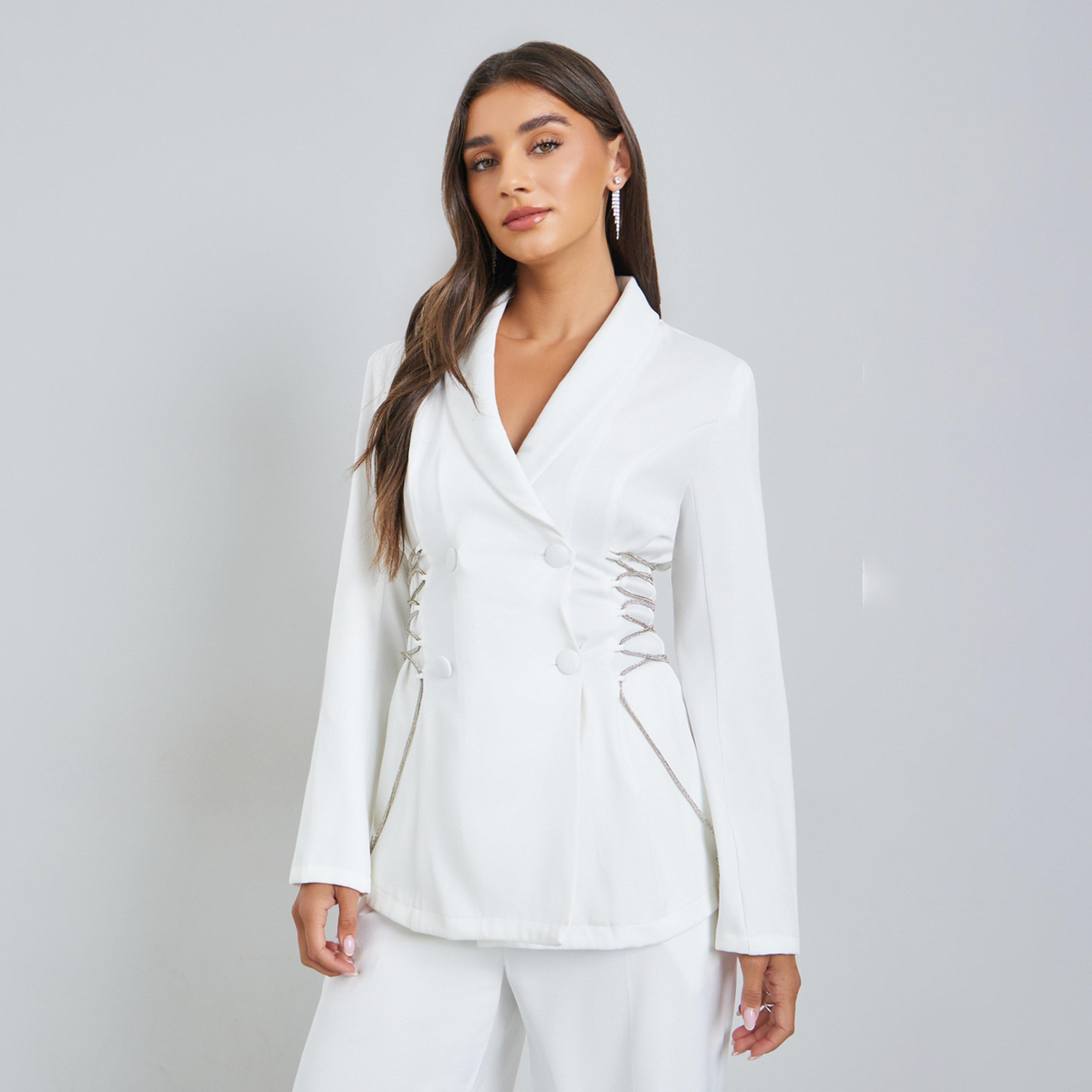 Styli White Embellished Tie-Detail Double Breasted Blazer-women-winterwear-coatsandjackets-jackets-image-1