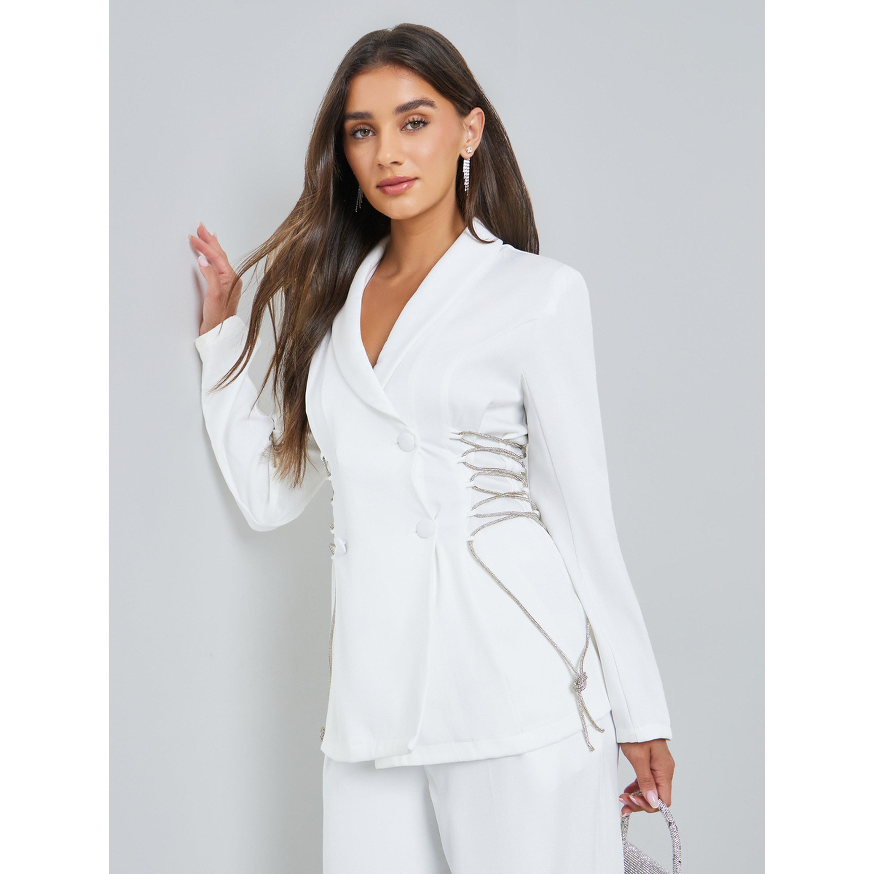 Styli White Embellished Tie-Detail Double Breasted Blazer-women-winterwear-coatsandjackets-jackets-image-3
