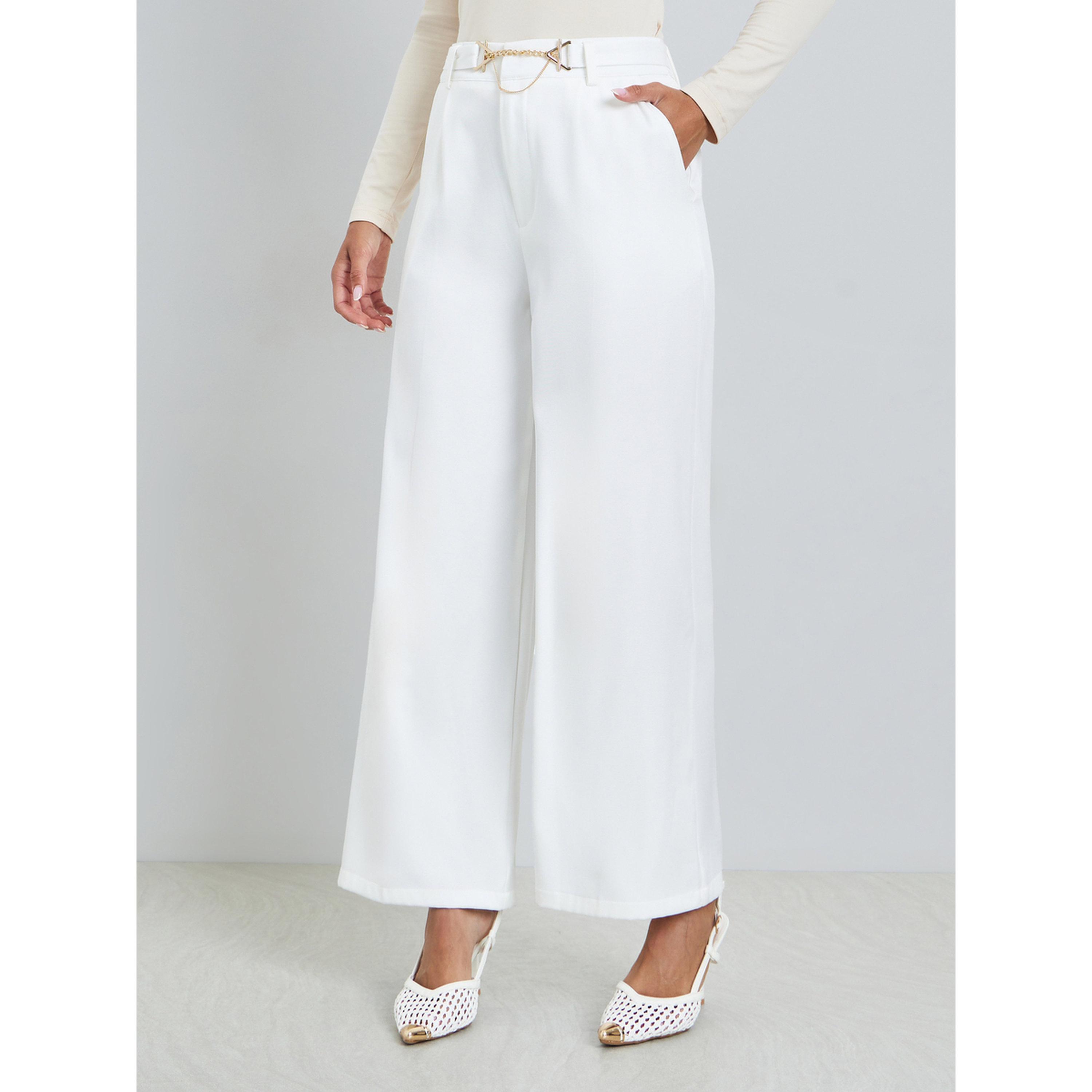 Styli White Wide Leg Trousers with Chain Link Detail-women-clothing-bottoms-trousers-image-1