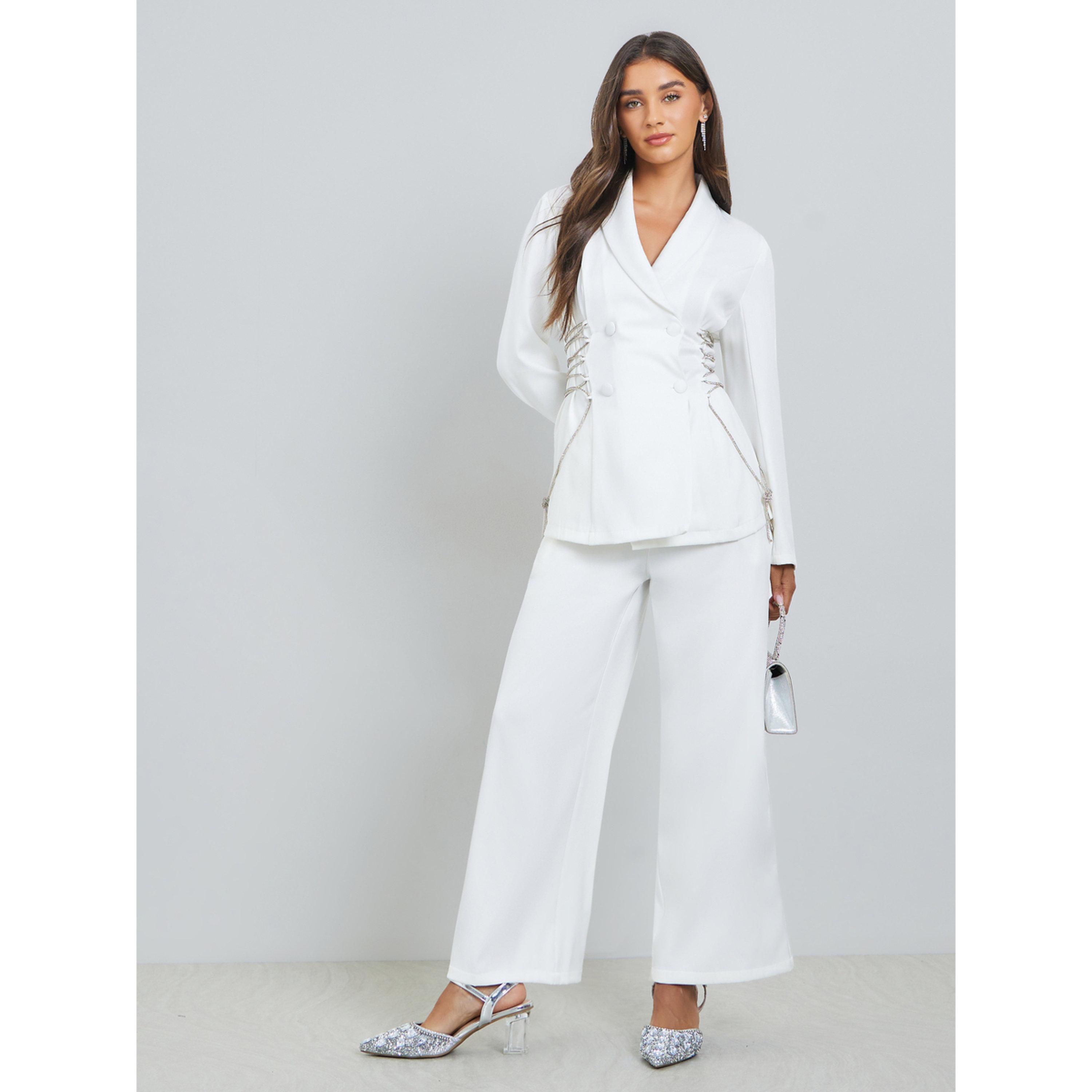 Styli White Wide Leg Trousers with Chain Link Detail-women-clothing-bottoms-trousers-image-2